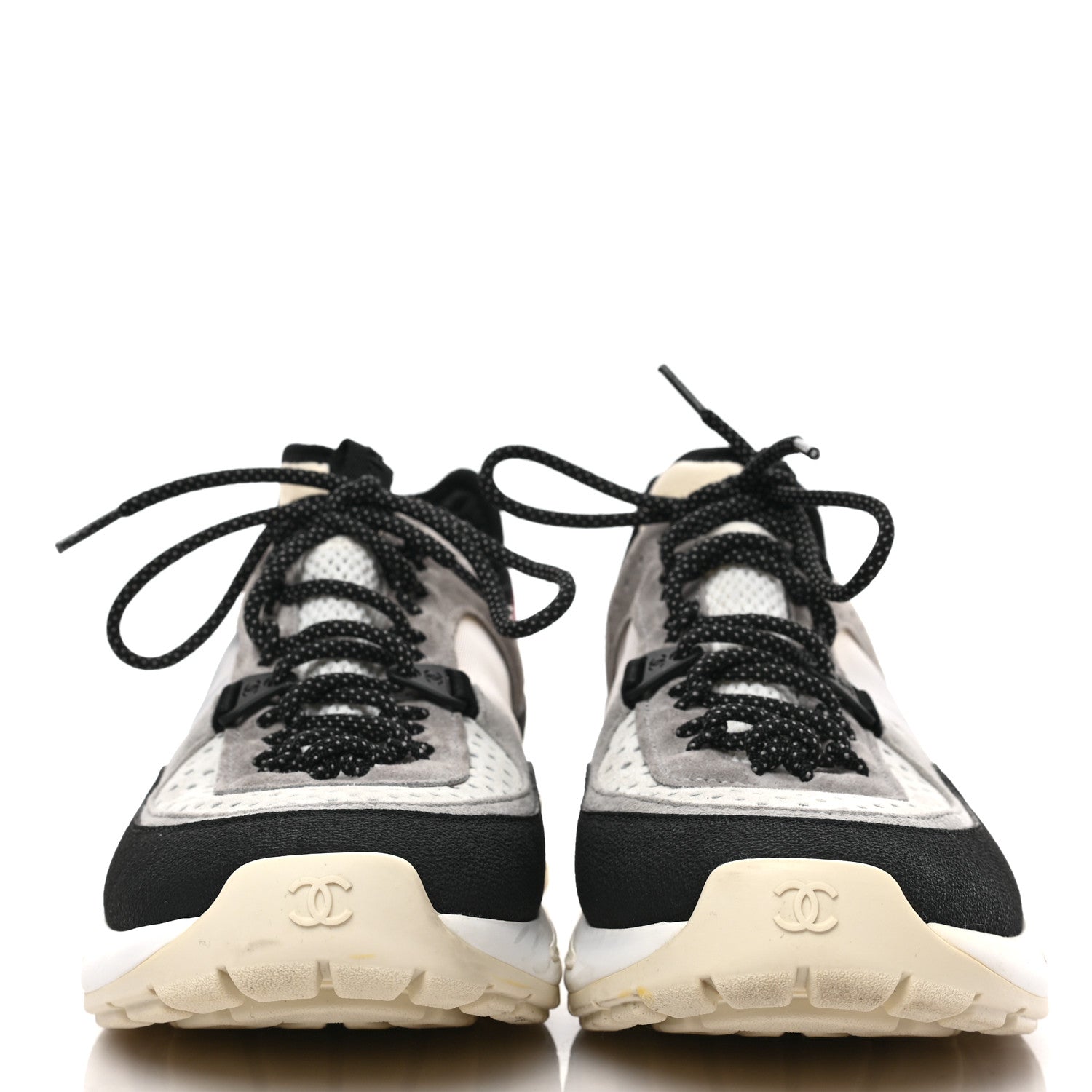 Chanel Suede Calfskin Womens CC Sneakers 37.5 Black Grey Ivory 2 of 9