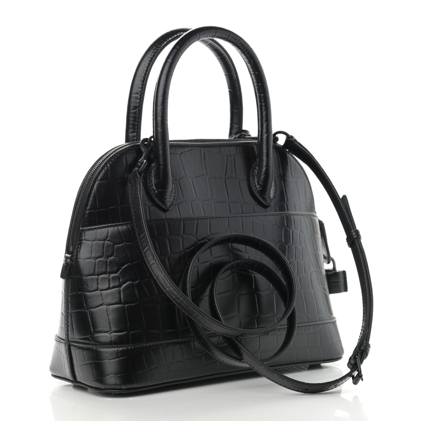 Calfskin Crocodile Embossed S Rivet Ville Top Handle Bag Black