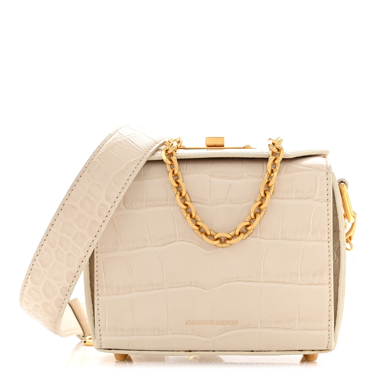 Calfskin Crocodile Embossed Box Shoulder Bag 16 Cream