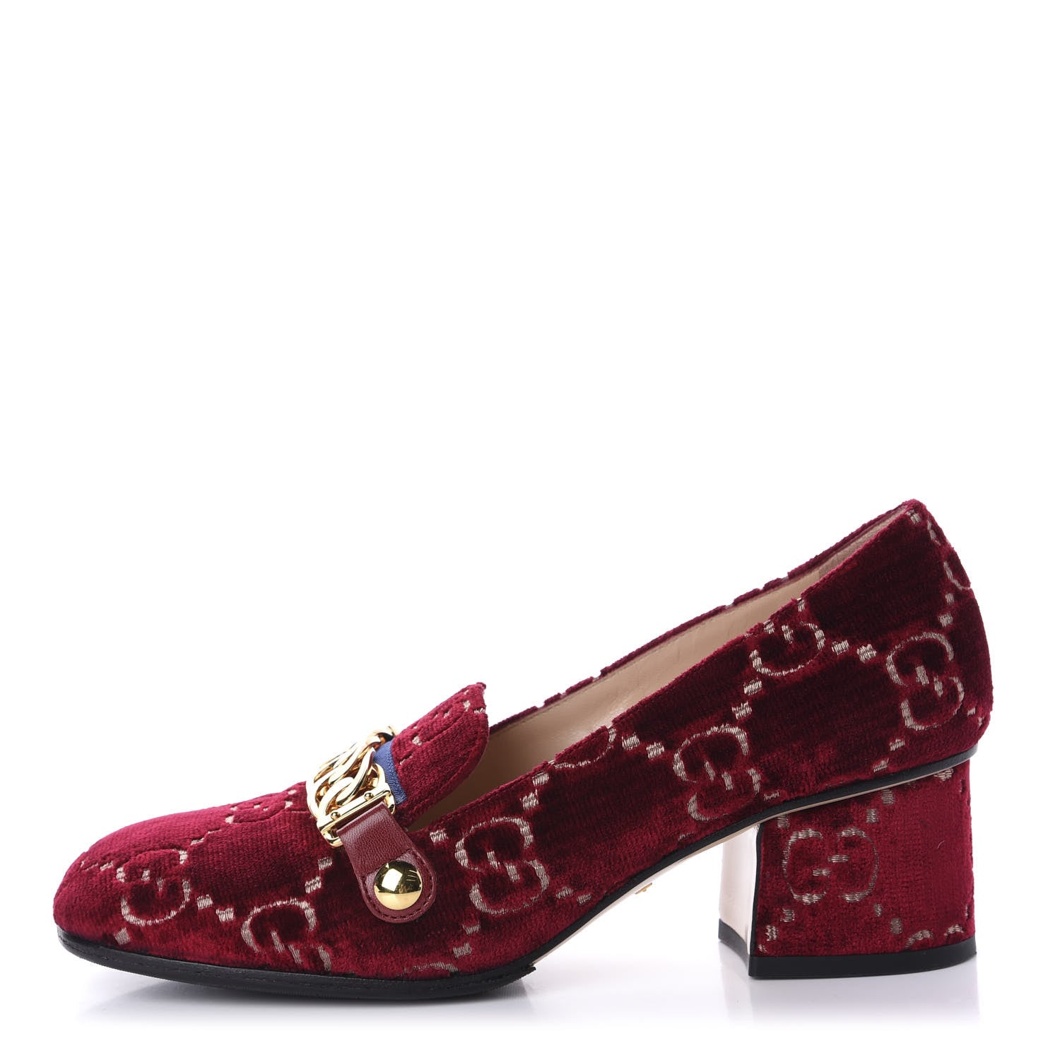 Gucci Velvet GG Monogram Sylvie Web Chain Mid Heel Loafers 36 Red Cipria 1 of 9