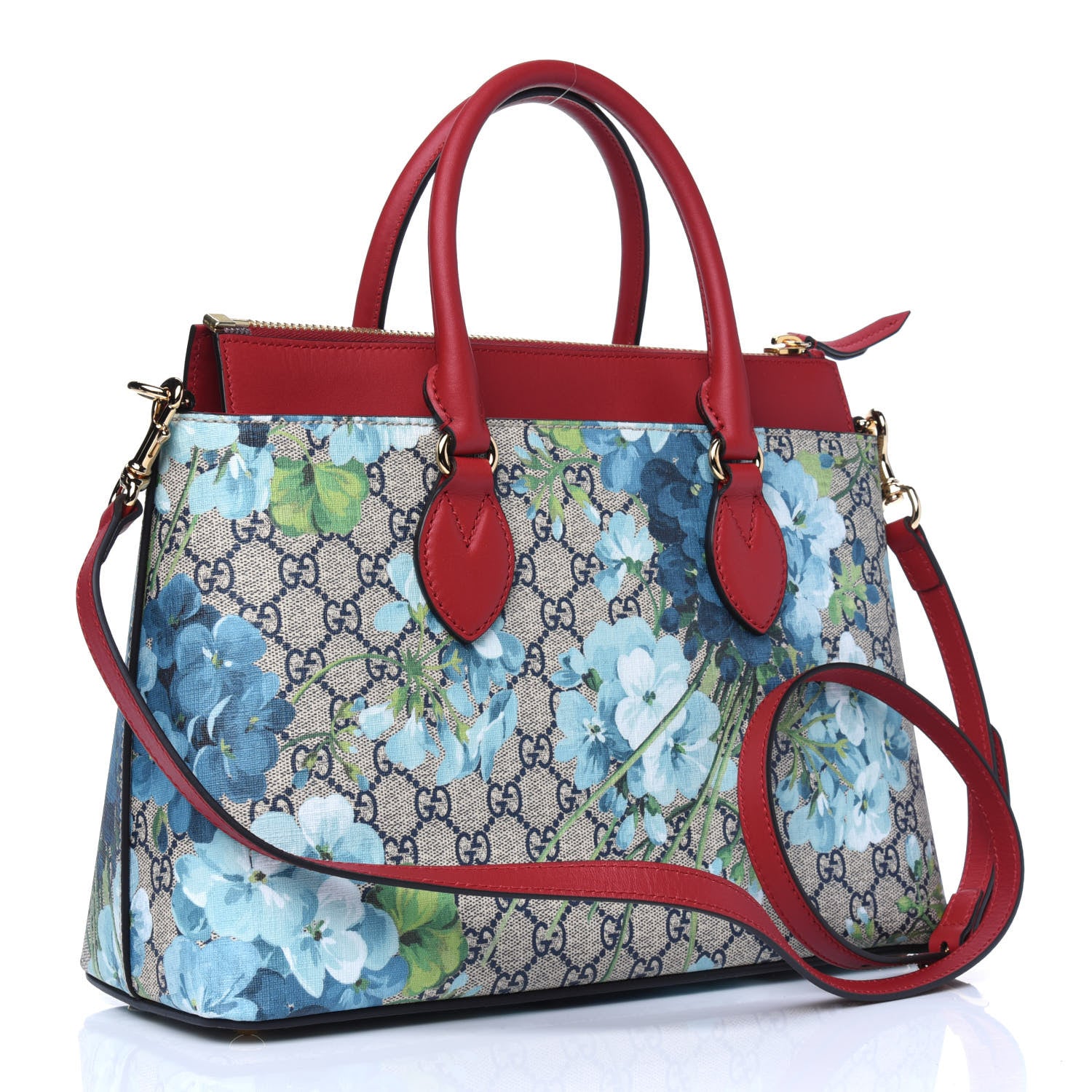 Gucci GG Supreme Monogram Blooms Medium Zip Top Tote Beige Blue Navy Hibiscus Red 4 of 14