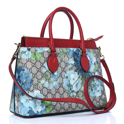 Gucci GG Supreme Monogram Blooms Medium Zip Top Tote Beige Blue Navy Hibiscus Red 4 of 14