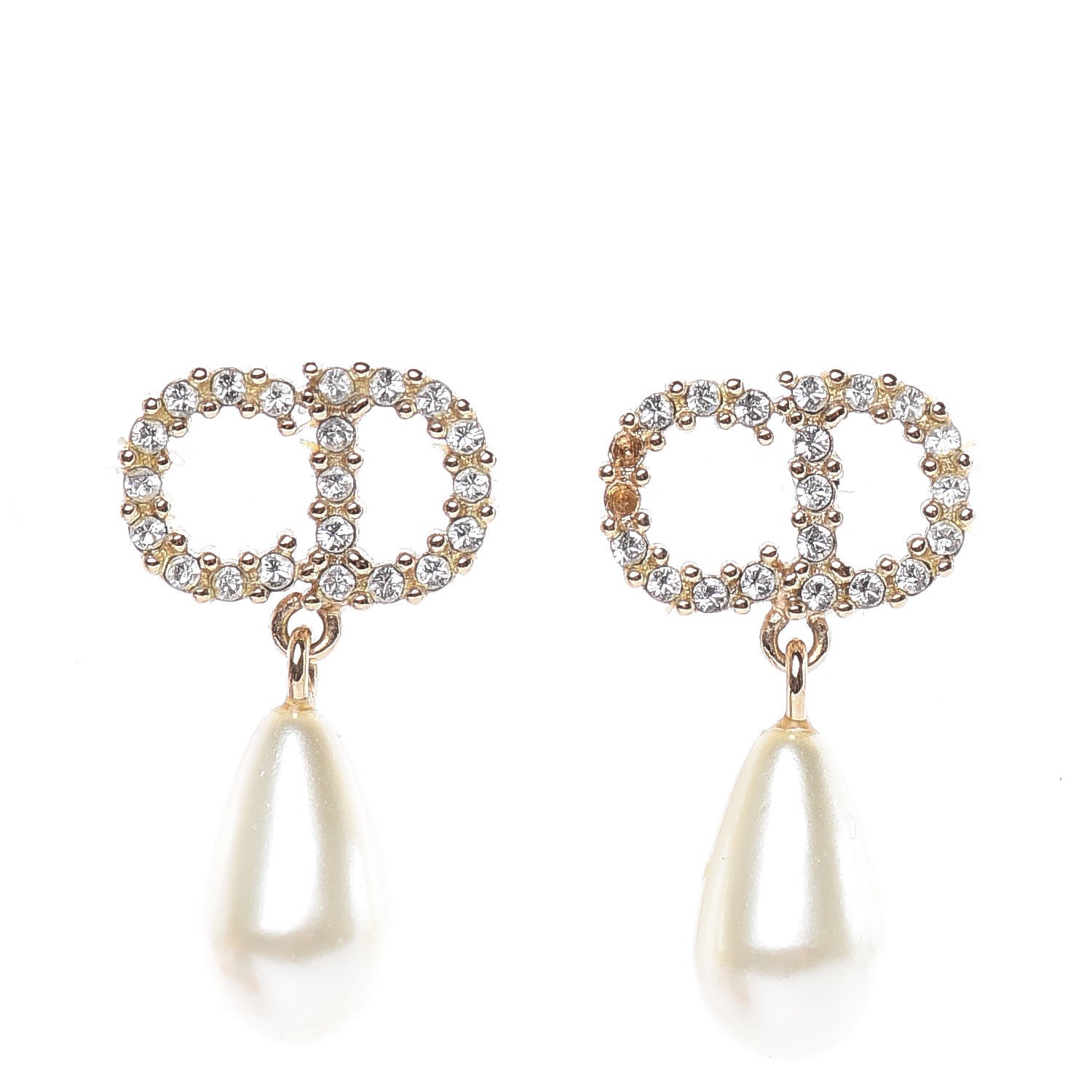 Christian Dior Pearl Crystal CD Drop Earrings Gold 1 of 5