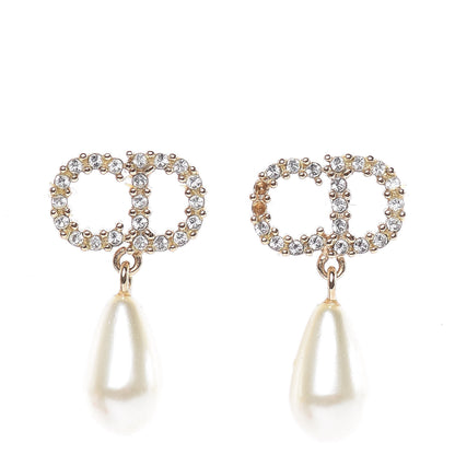 Christian Dior Pearl Crystal CD Drop Earrings Gold 1 of 5