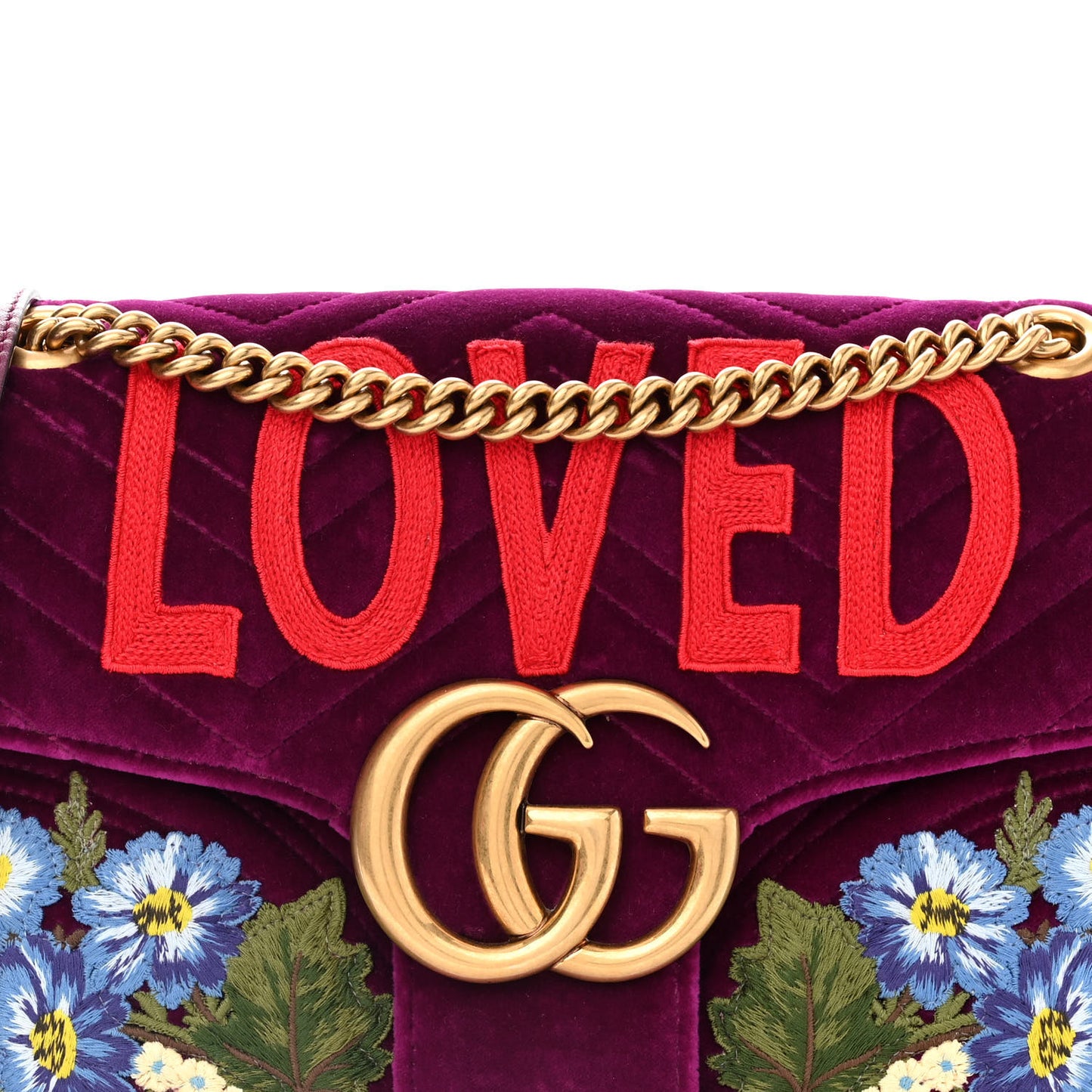 Velvet Matelasse Loved Embroidered Medium GG Marmont Shoulder Bag Fuchsia Violet Cyclamen