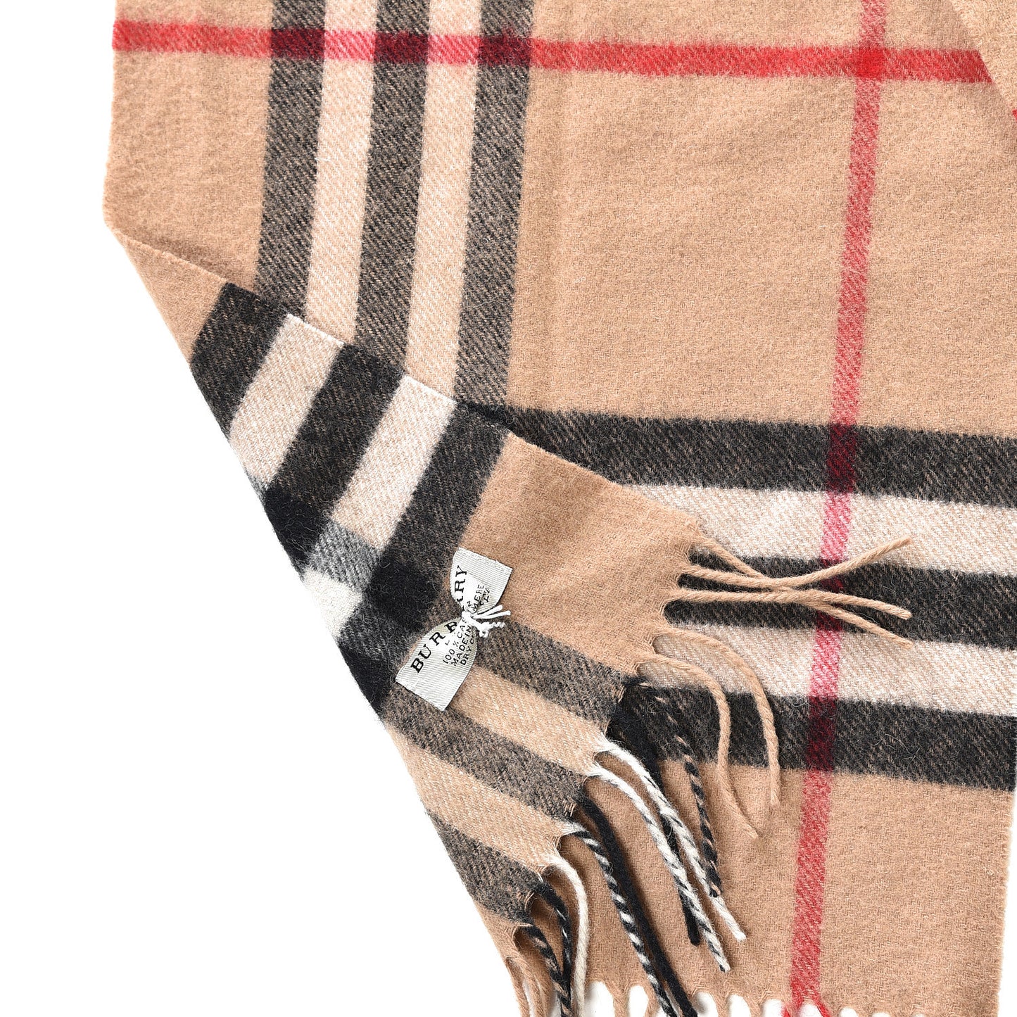 Cashmere Giant Check Fringe Scarf Camel