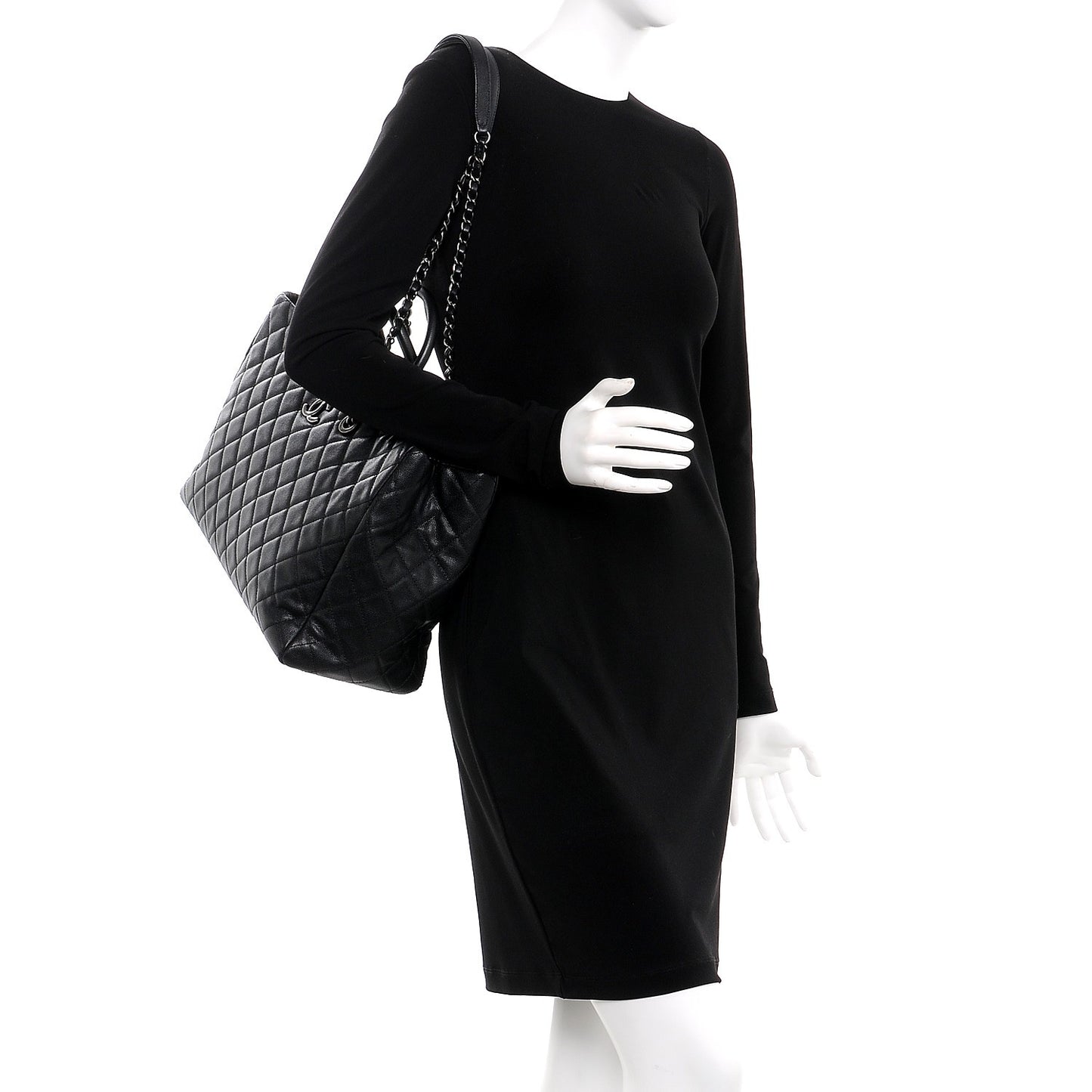 Caviar Quilted Large Coco Handle Shopping Tote Black