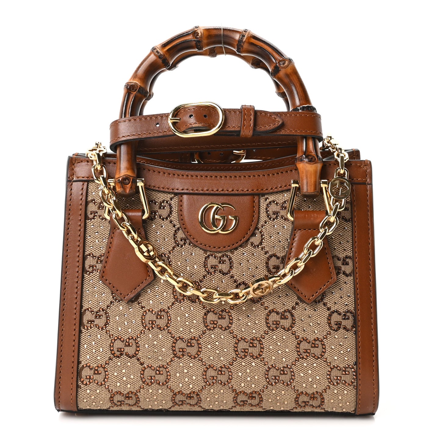 New Canvas Charisma Calfskin Crystal GG Monogram Mini Diana Tote Bag Camel Ebony
