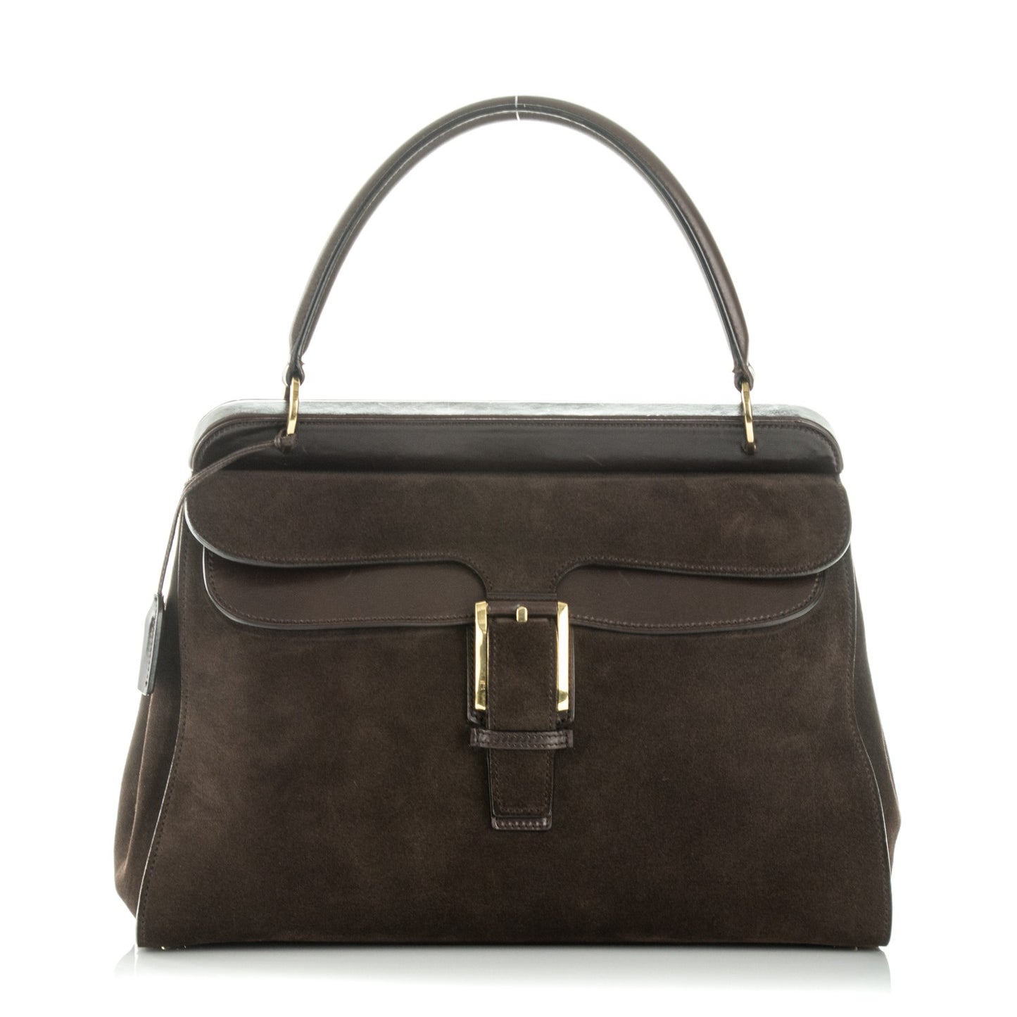 Calfskin Suede Top Handle Satchel Dark Brown