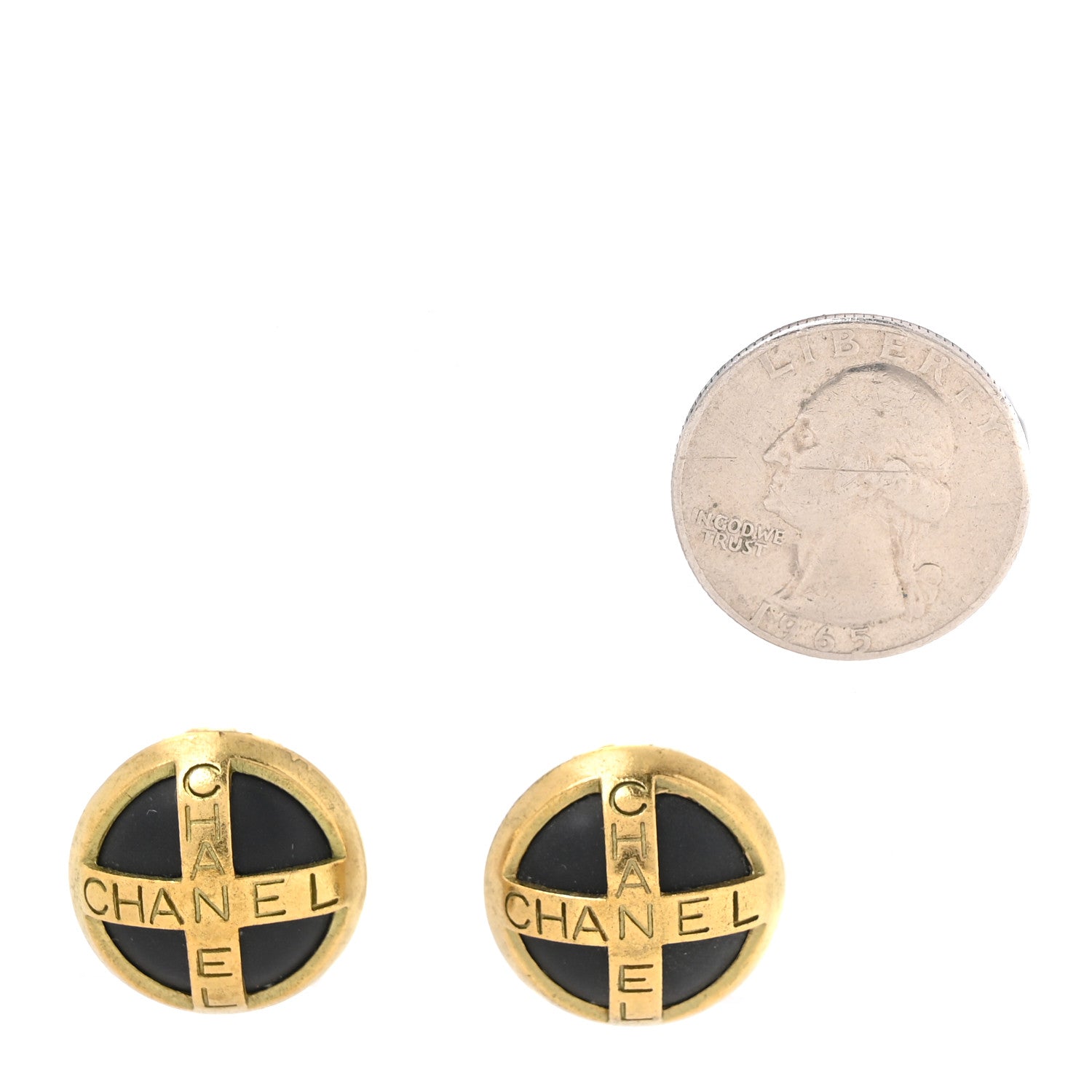Chanel Enamel CC Logo Round Clip On Earrings Black Gold 2 of 4