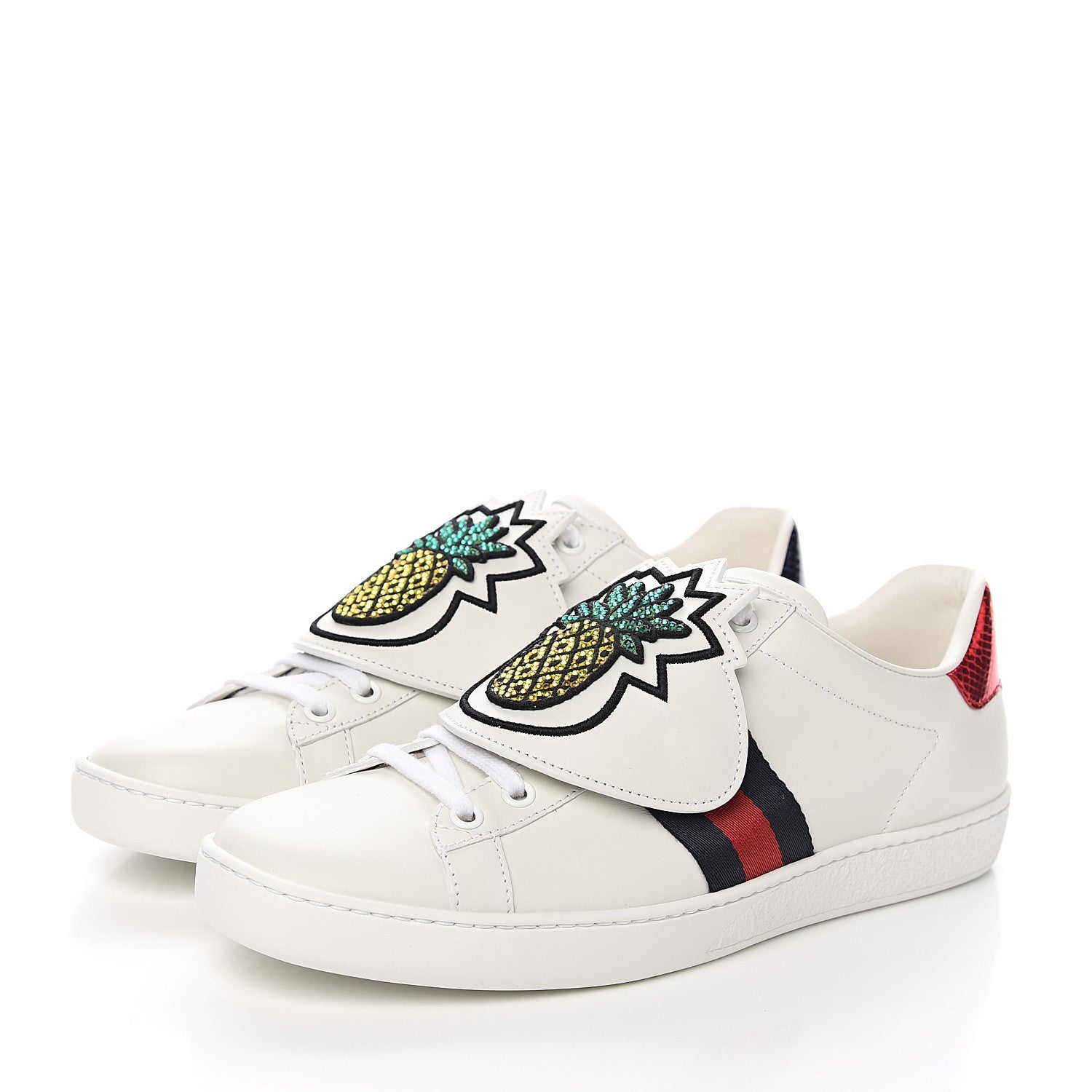 Gucci Calfskin Ayers Crystal Web Pineapple Embroidered Womens New Ace Sneakers 38.5 White 3 of 9
