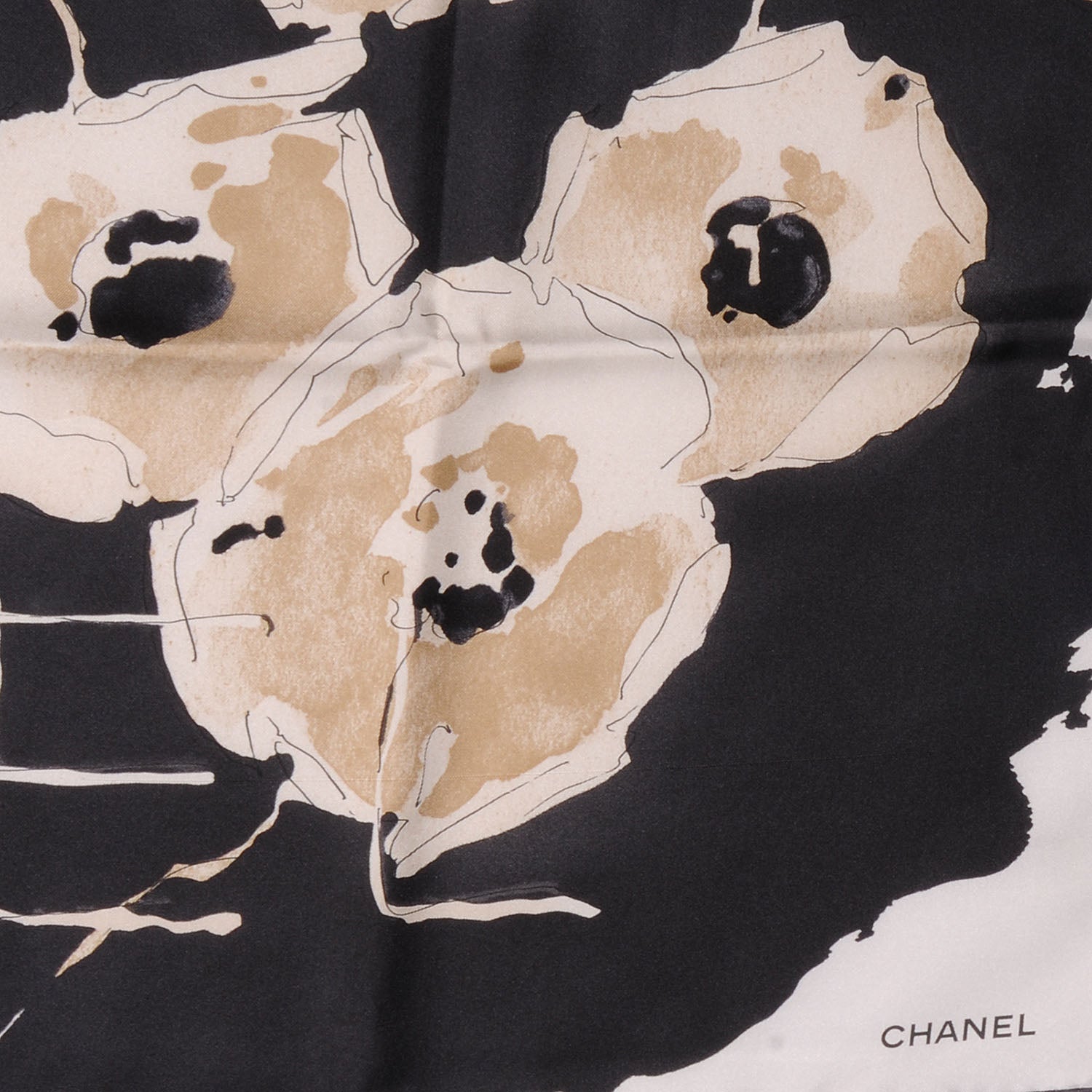 Chanel Silk Camellia Flower Scarf Black Beige 3 of 5