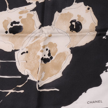 Chanel Silk Camellia Flower Scarf Black Beige 3 of 5
