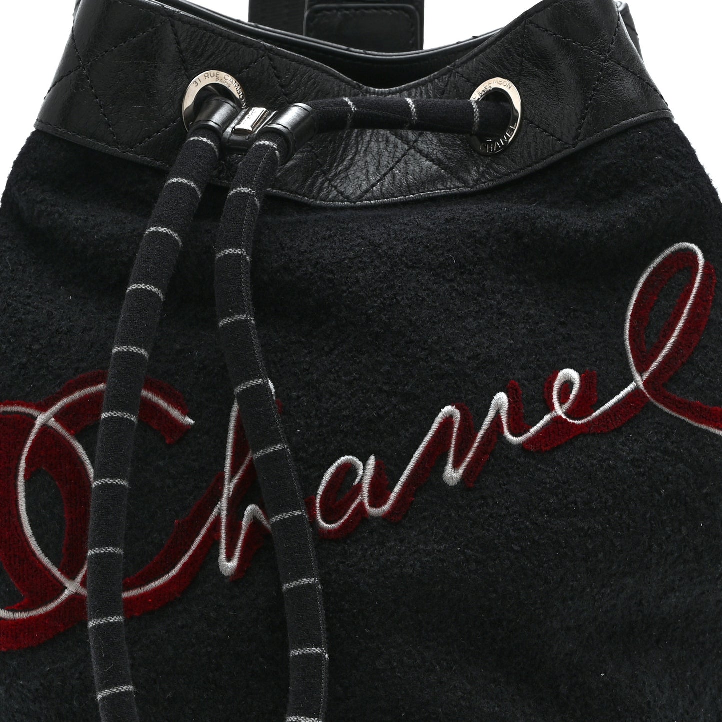Wool Calfskin Embroidered Paris Hamburg Drawstring Backpack Black