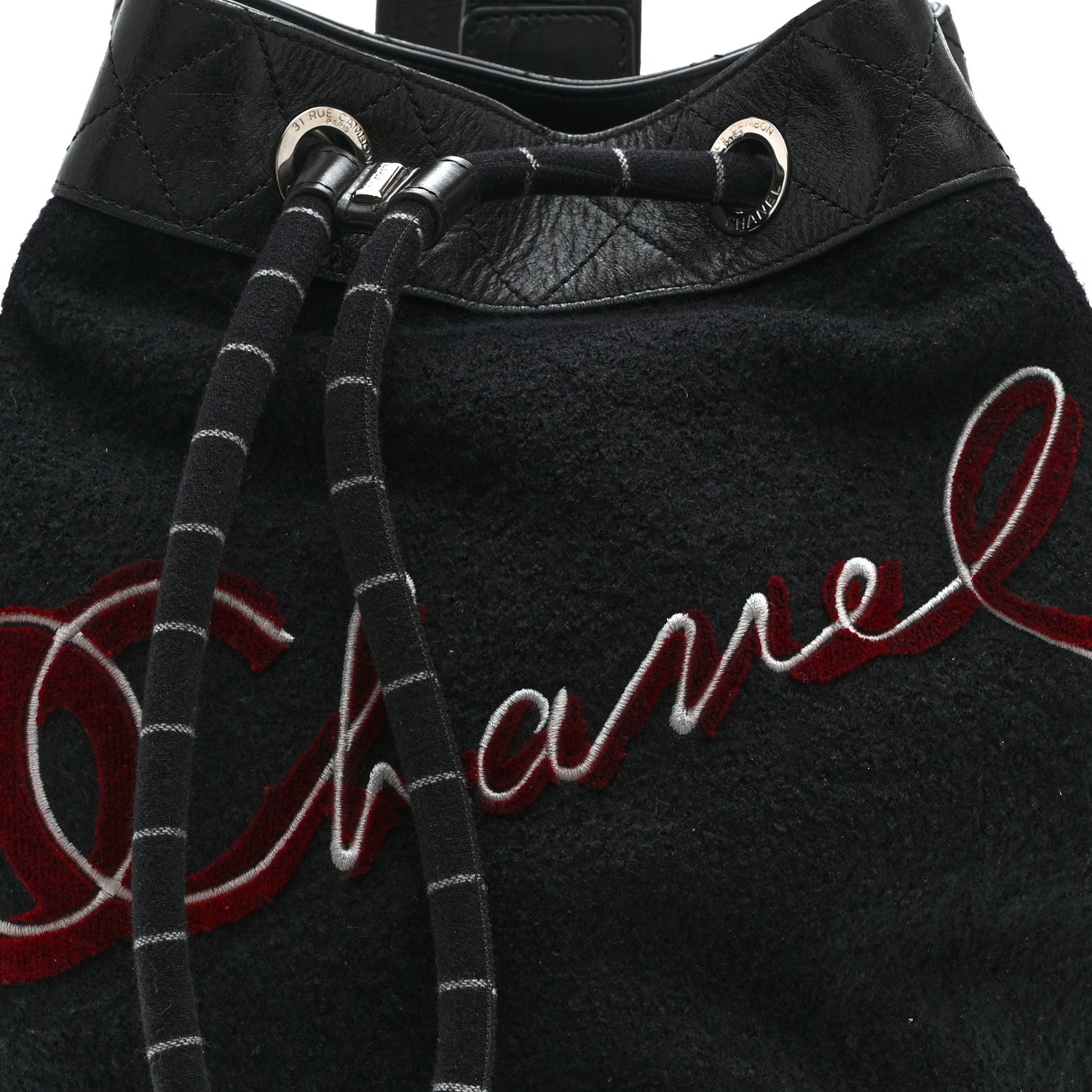 Chanel Wool Calfskin Embroidered Paris Hamburg Drawstring Backpack Black 8 of 10