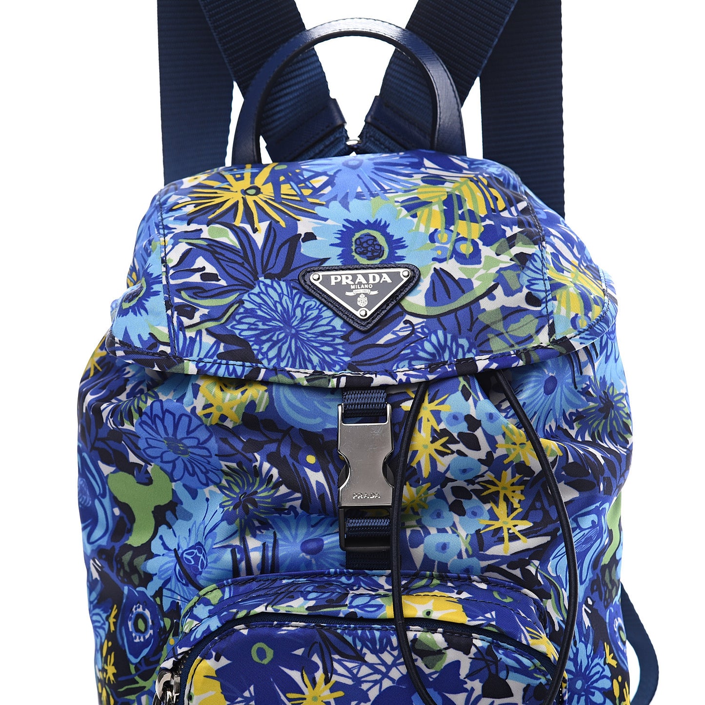 Nylon Saffiano Floral Print Single Buckle Backpack Bluette Dis Primule