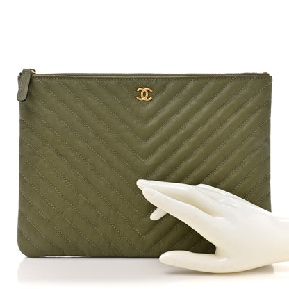 Chanel Calfskin Chevron Quilted Medium Cosmetic Case Khaki 2 of 8