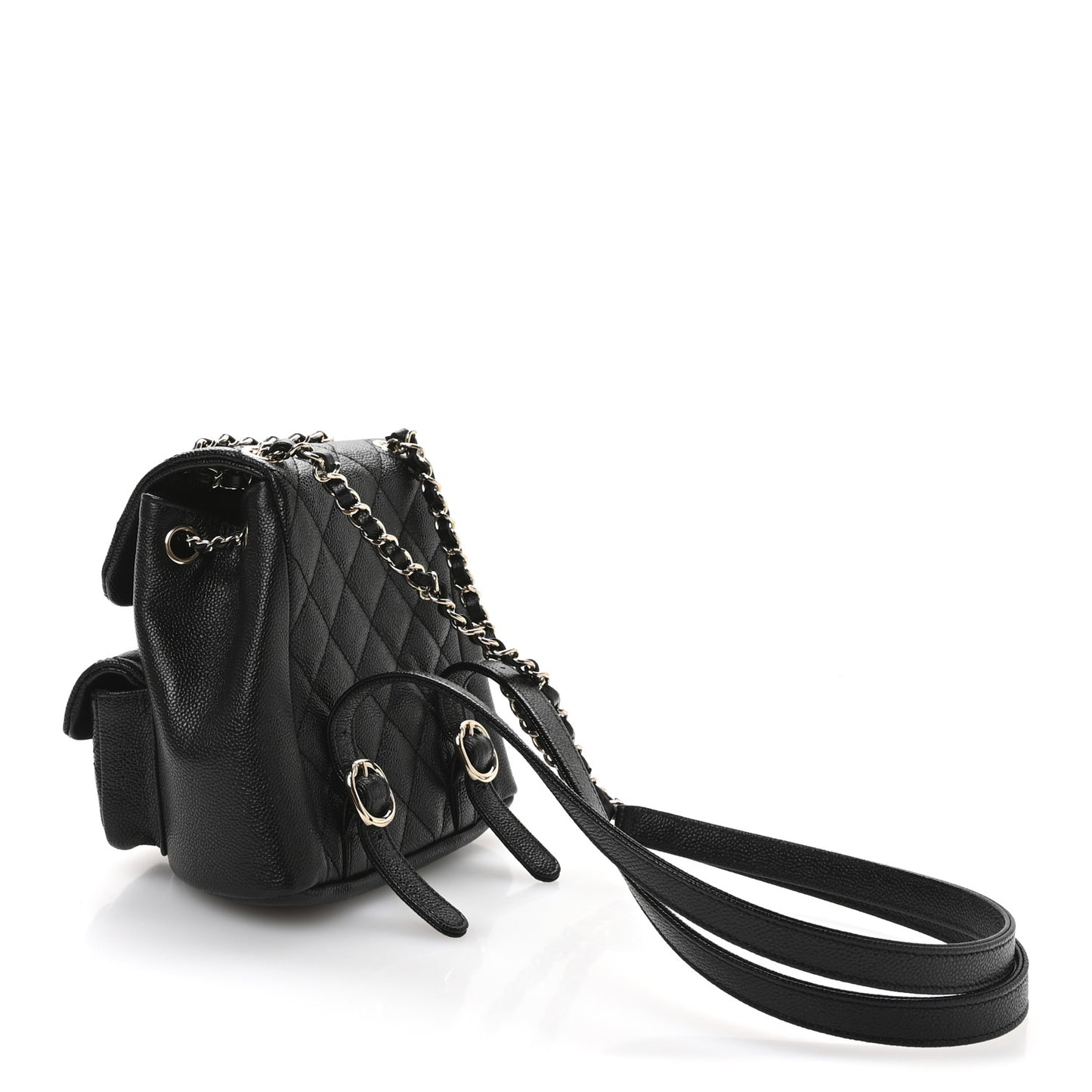 Shiny Caviar Quilted Small Duma Pockets Drawstring Backpack Black
