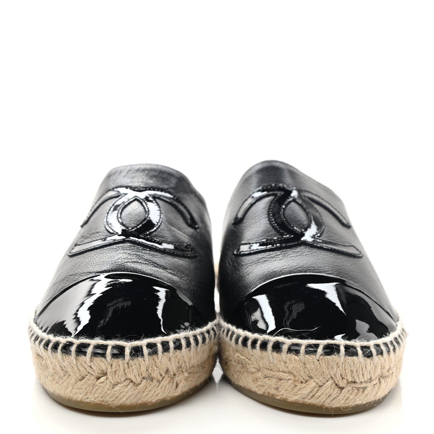 Iridescent Goatskin Patent CC Espadrille Mules 39 Black