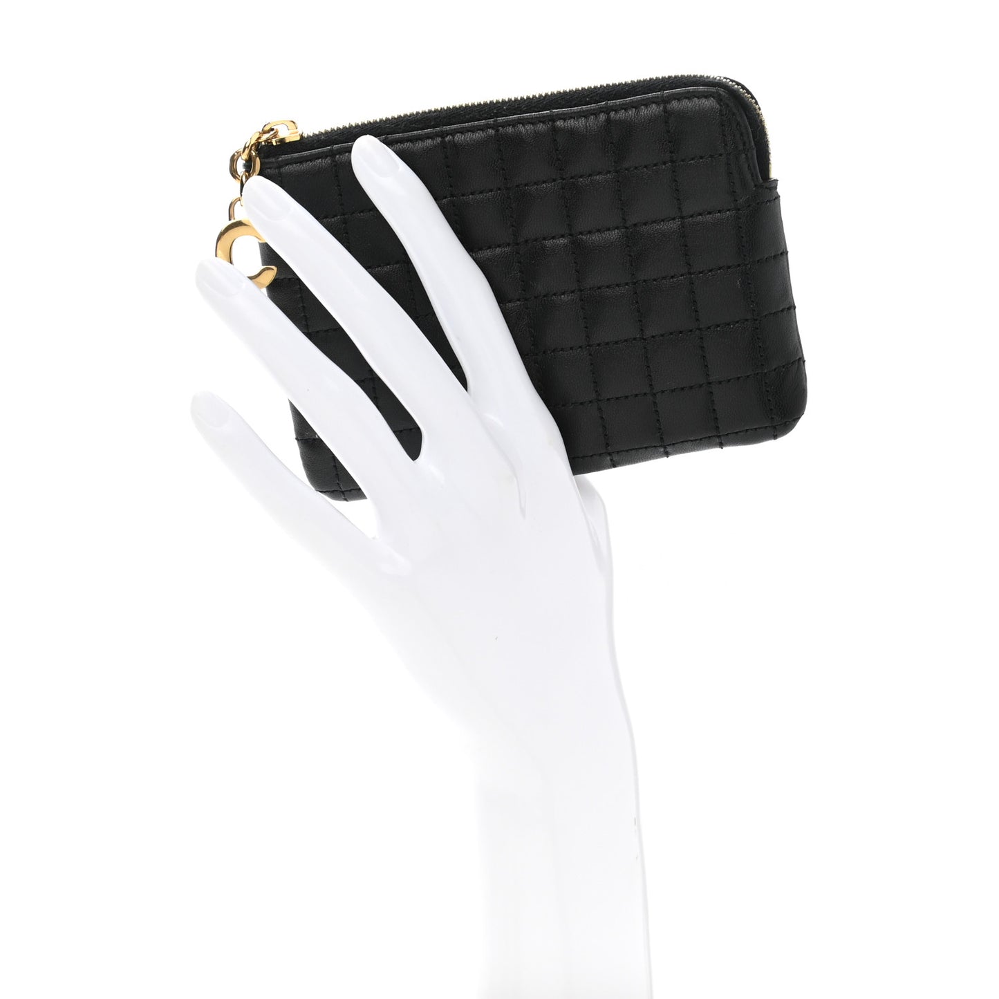 Calfskin Quilted C Charm Coin Card Pouch Black