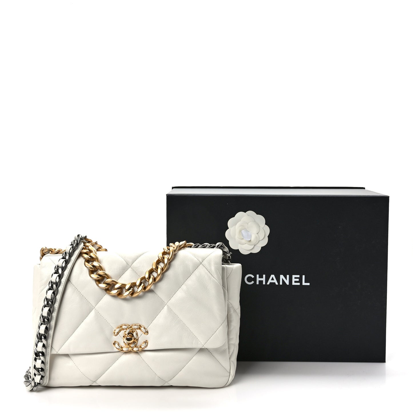 Lambskin Quilted Large Chanel 19 Flap White
