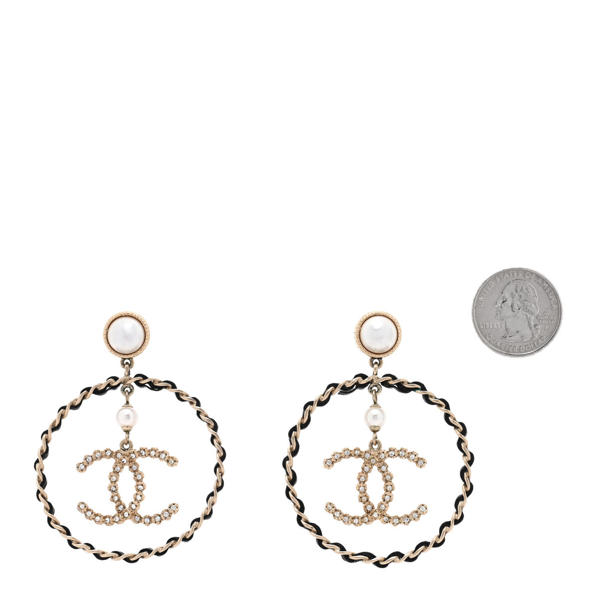 Chanel Lambskin Crystal Pearl CC Chain Hoop Earrings Gold Black 2 of 4