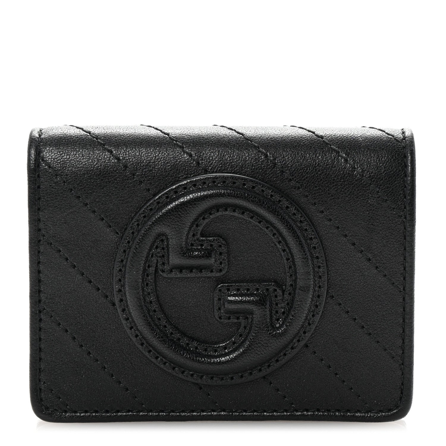 Gucci Sakai Be Green Calfskin Diagonal Stitched Blondie Card Case Wallet Black 1 of 7