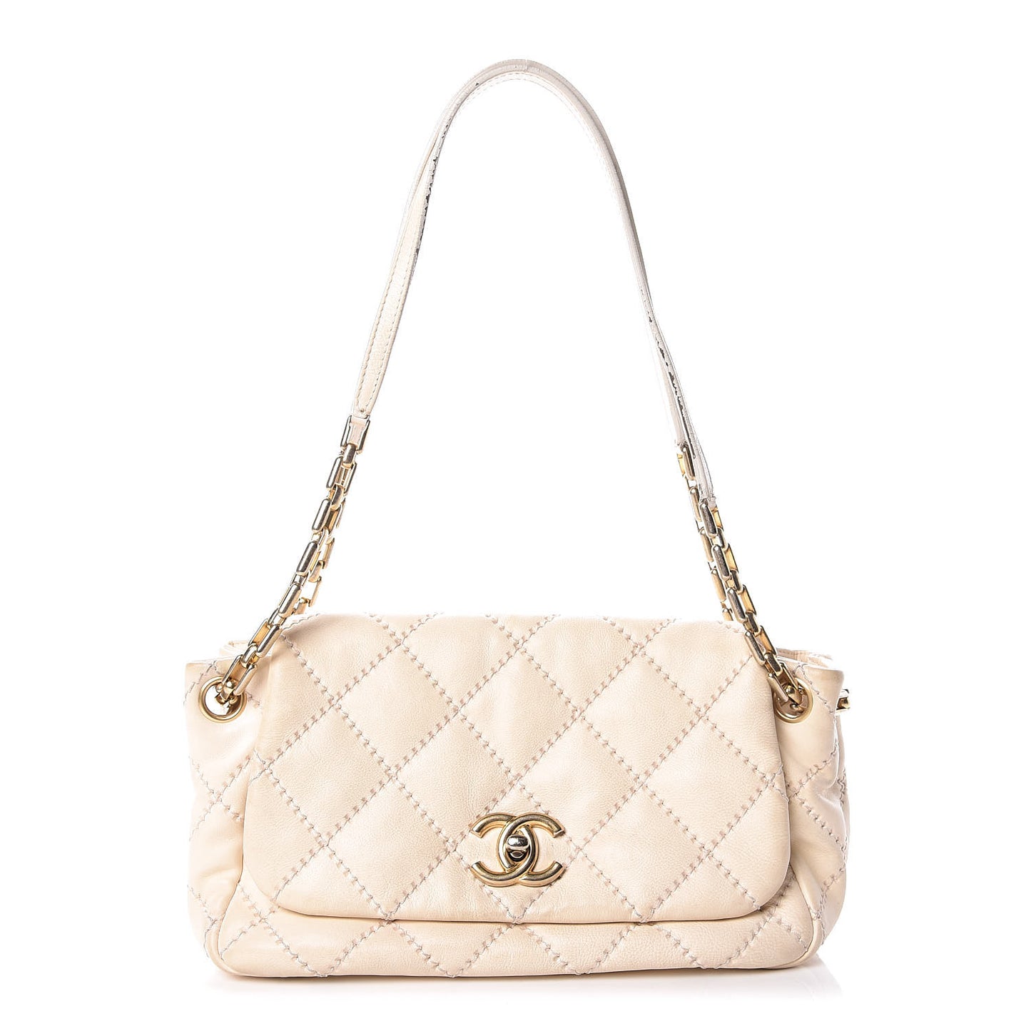 Calfskin Quilted Retro Chain Flap Beige