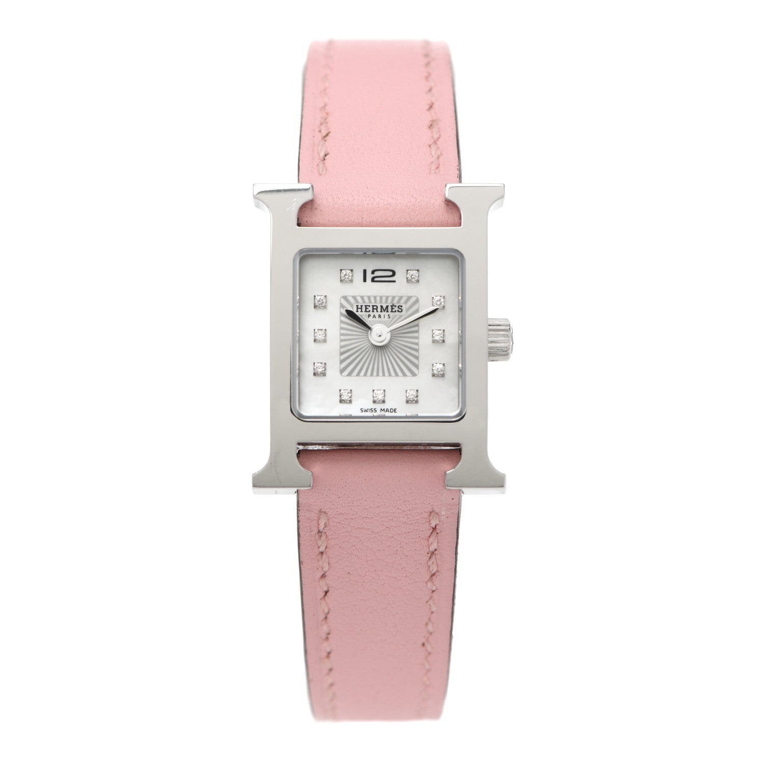Hermes Stainless Steel Swift Diamond Mother of Pearl 17.2mm Heure H Hour Quartz Watch Rose Sakura 1 of 5