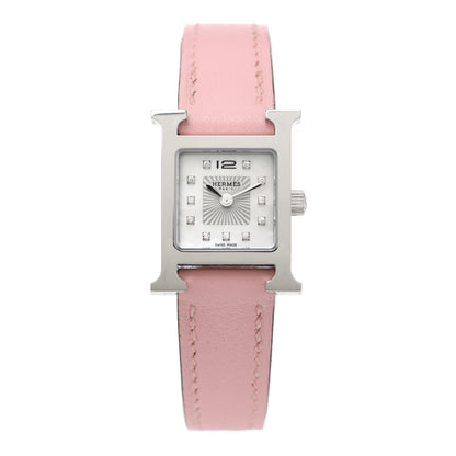 Hermes Stainless Steel Swift Diamond Mother of Pearl 17.2mm Heure H Hour Quartz Watch Rose Sakura 1 of 5
