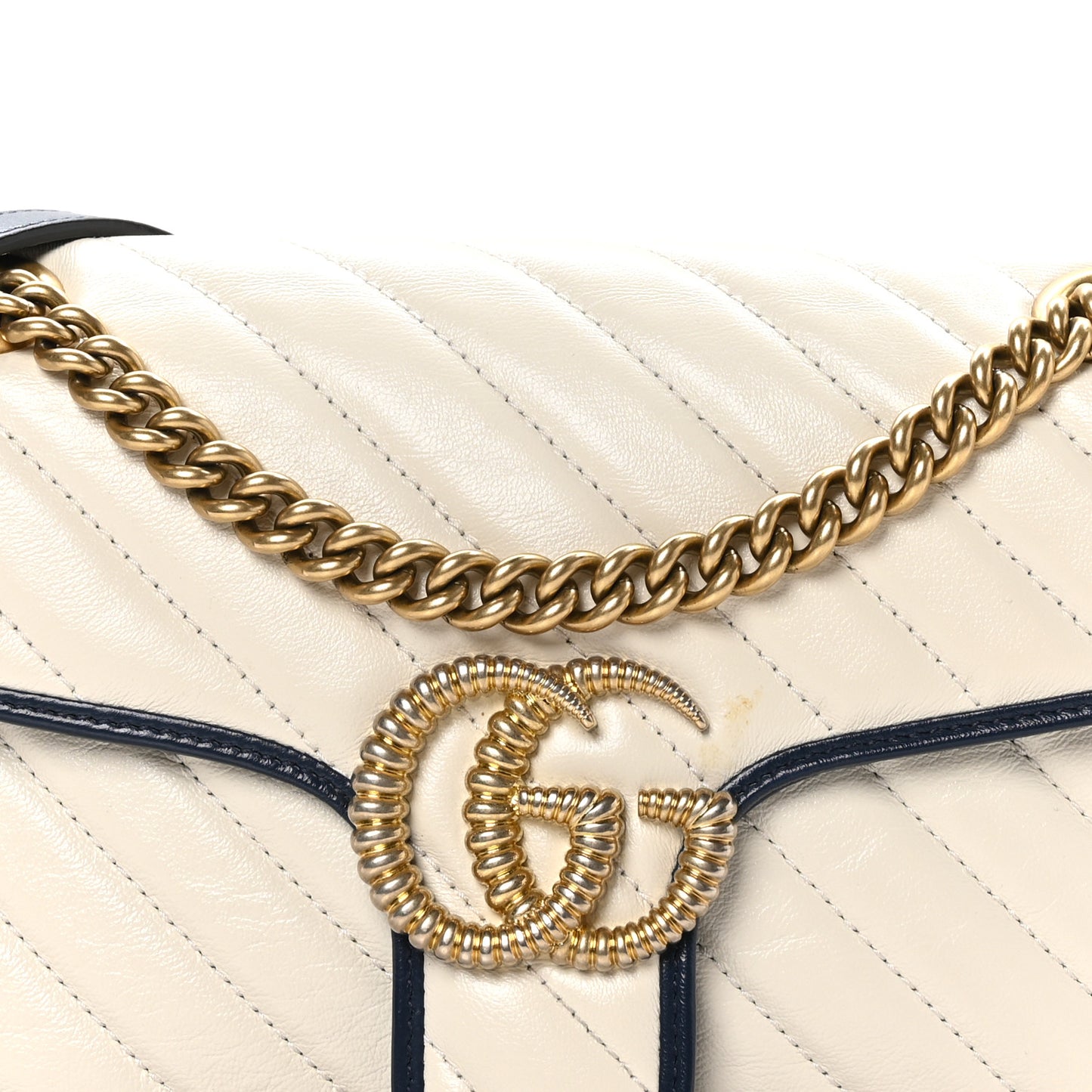 Vintage Effect Calfskin Matelasse Diagonal Small Torchon GG Marmont Shoulder Bag Mystic White Blue Agata