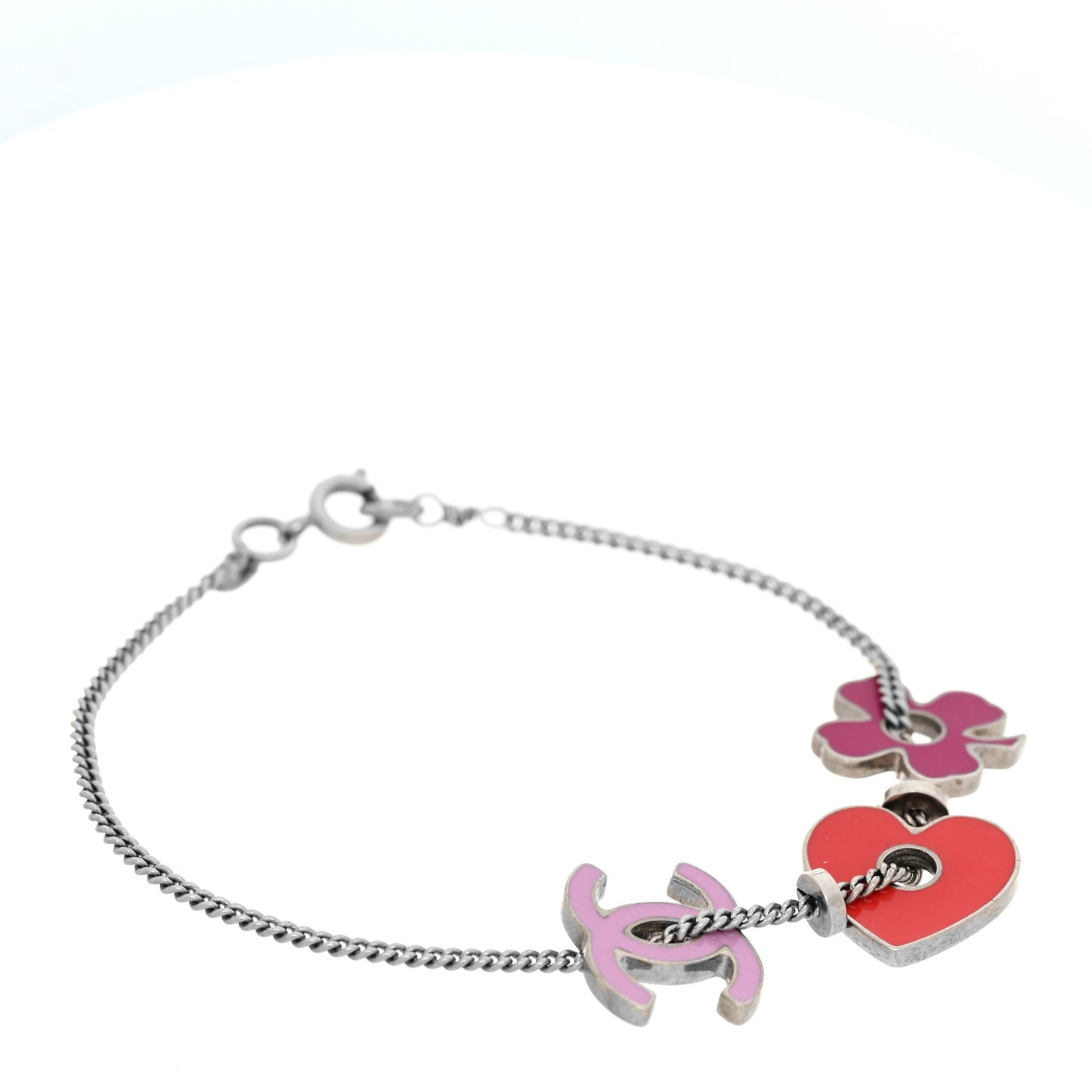 Enamel Heart CC Charm Bracelet Red Pink Silver