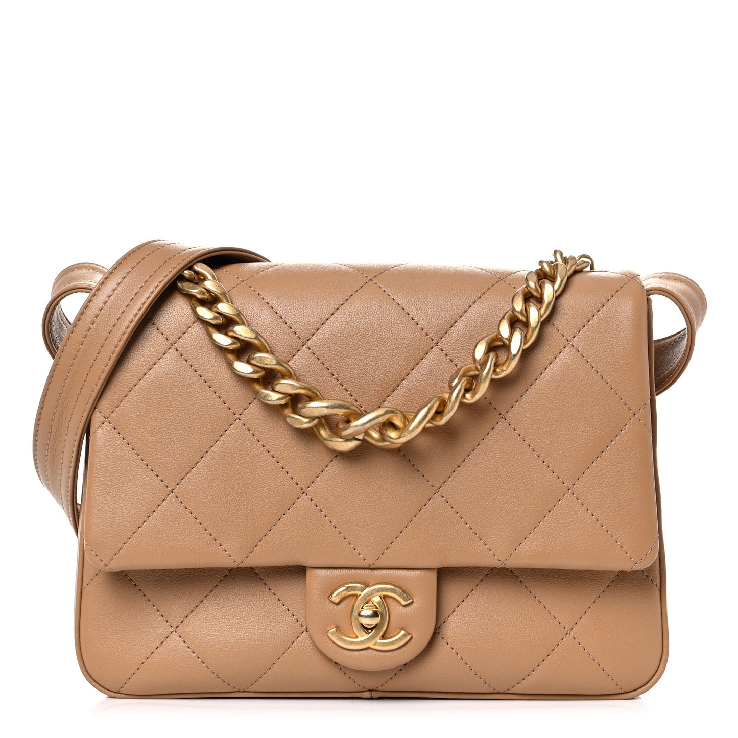 Calfskin Stitched Easy Mood Flap Beige