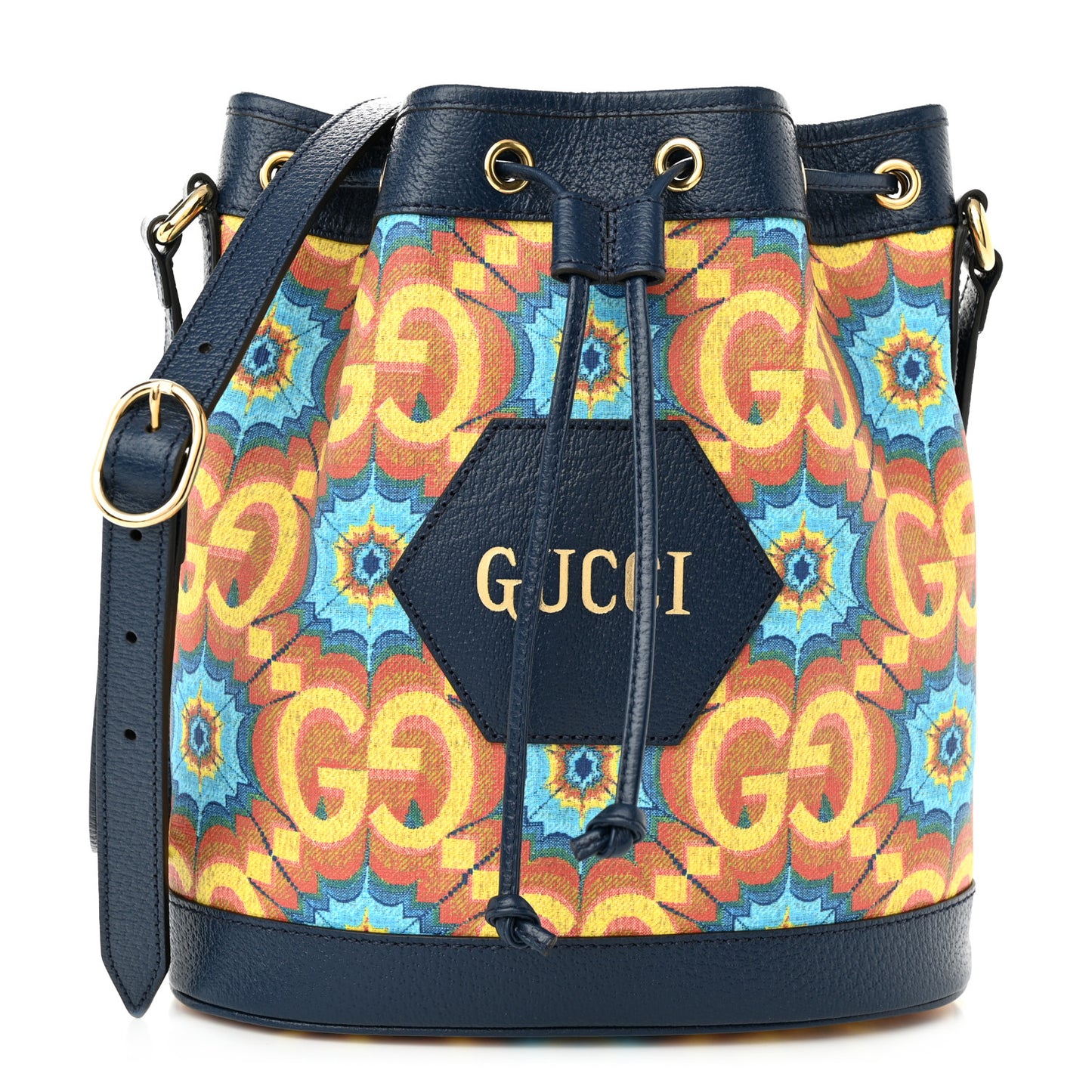 GG Supreme Kaleidoscope Calfskin Script Logo Gucci 100 Bucket Drawstring Bag Blue Orange Multicolor Blue Agata