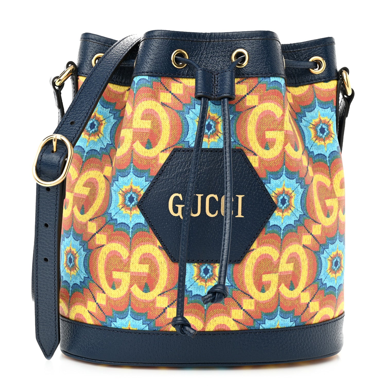 Gucci GG Supreme Kaleidoscope Calfskin Script Logo Gucci 100 Bucket Drawstring Bag Blue Orange Multicolor Blue Agata 1 of 10
