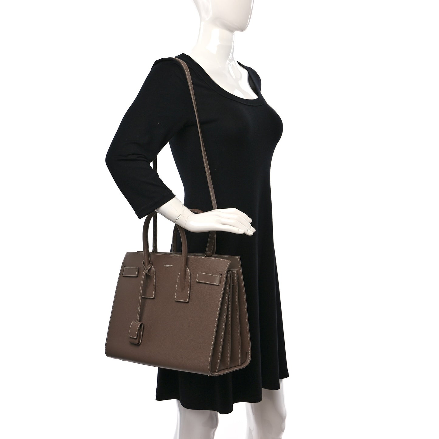 Grained Calfskin Topstitch Small Classic Sac De Jour Taupe