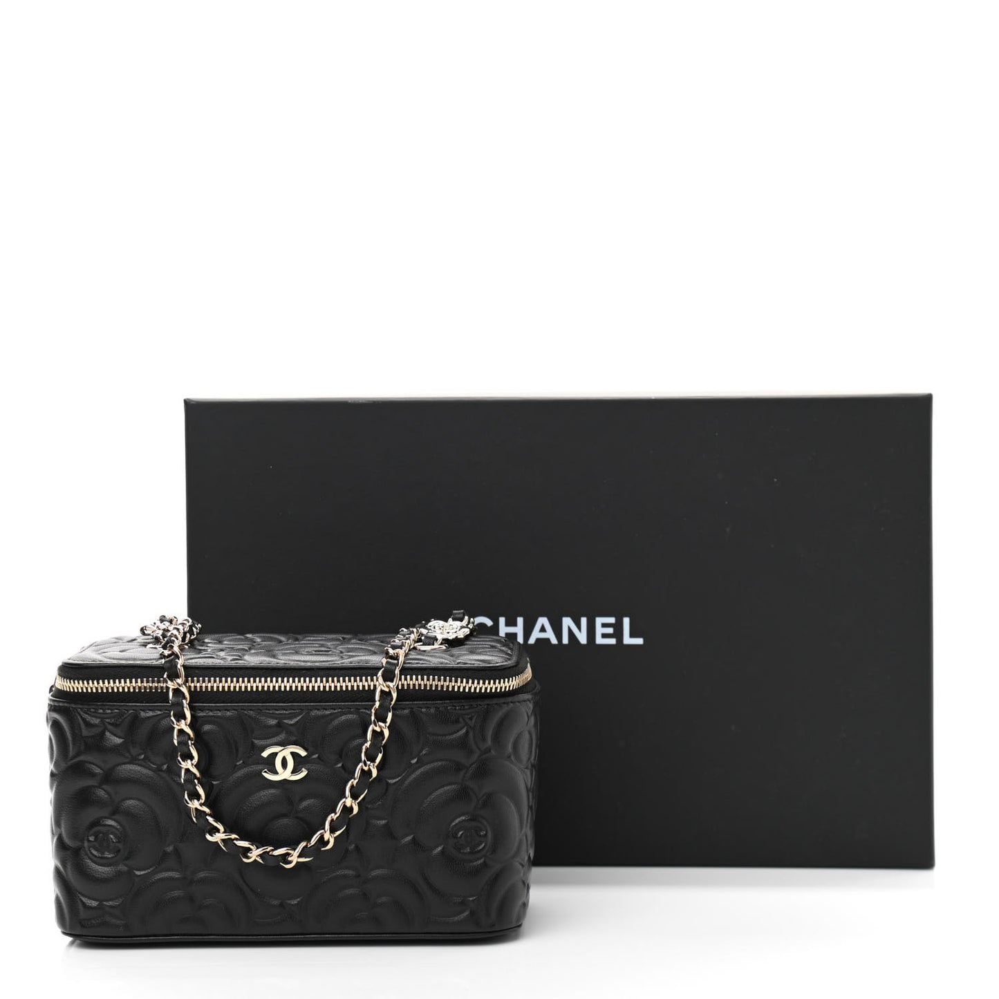 Lambskin Camellia Embossed Small Vanity Case With Chain Black