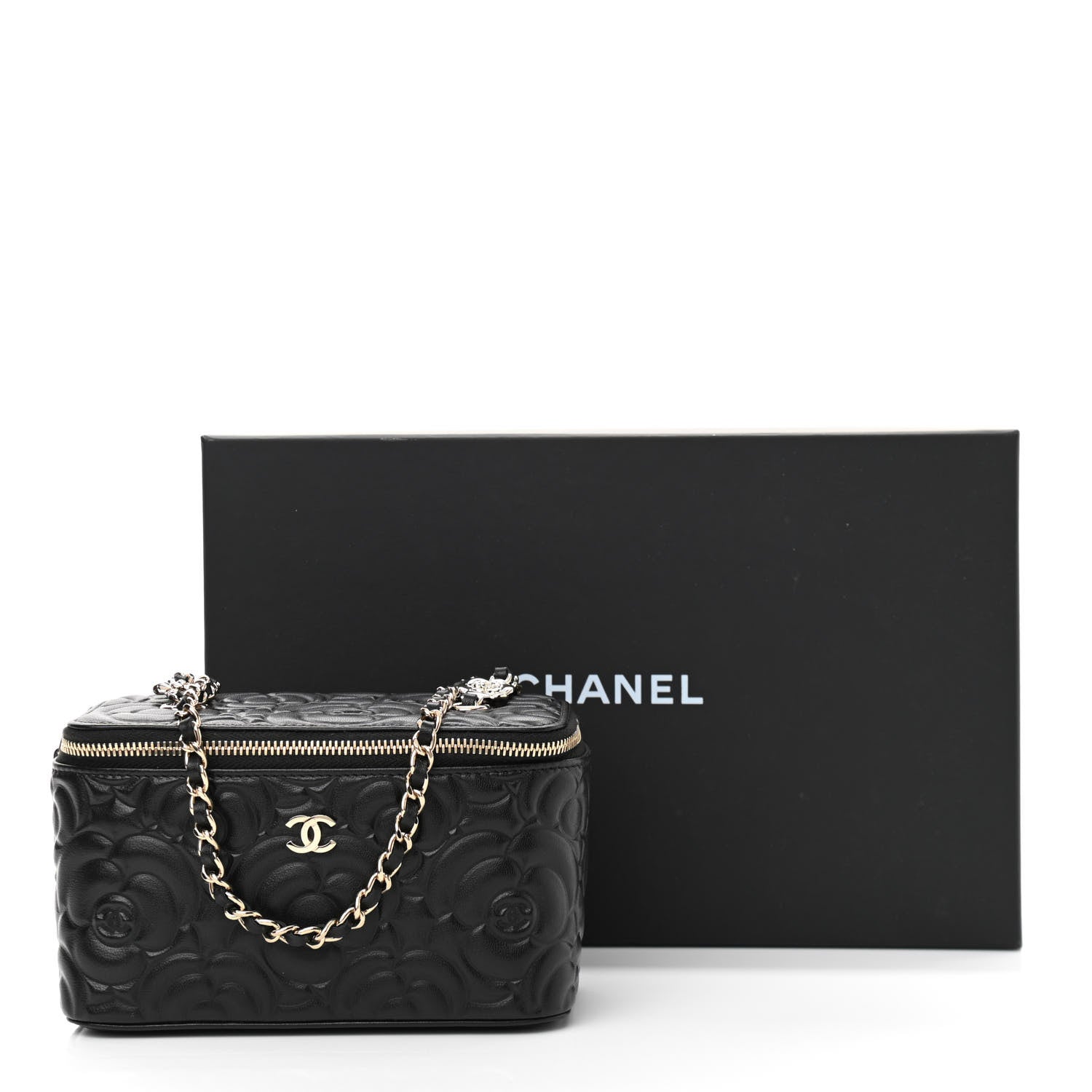 Chanel Lambskin Camellia Embossed Small Vanity Case With Chain Black 11 of 11
