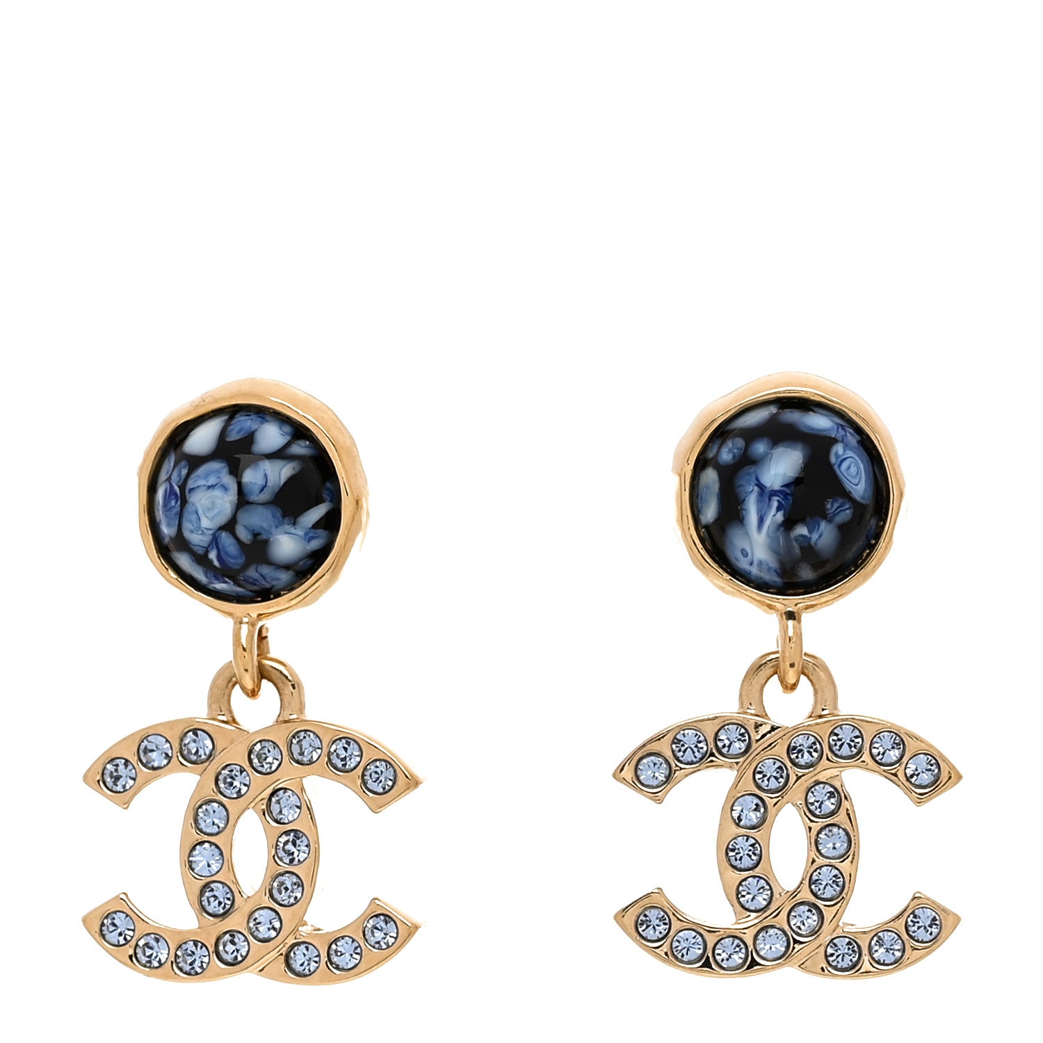 Chanel Crystal Stone CC Drop Earrings Blue Gold 1 of 4