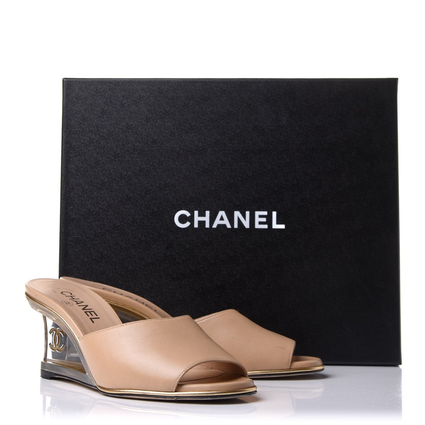 Lambskin Lucite CC Wedge Mules 37.5 Beige