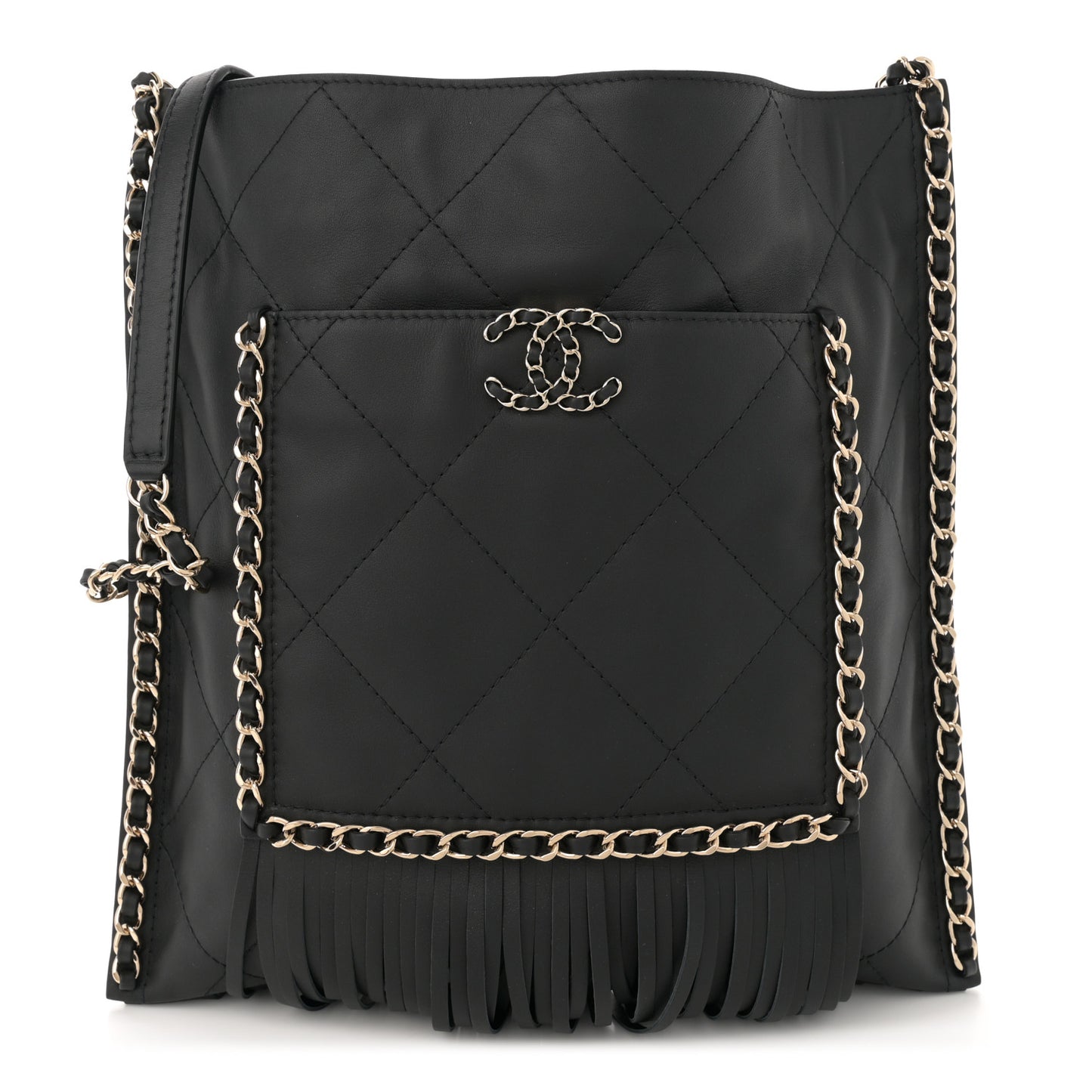 Calfskin Quilted Fringe Shopping Bag Black