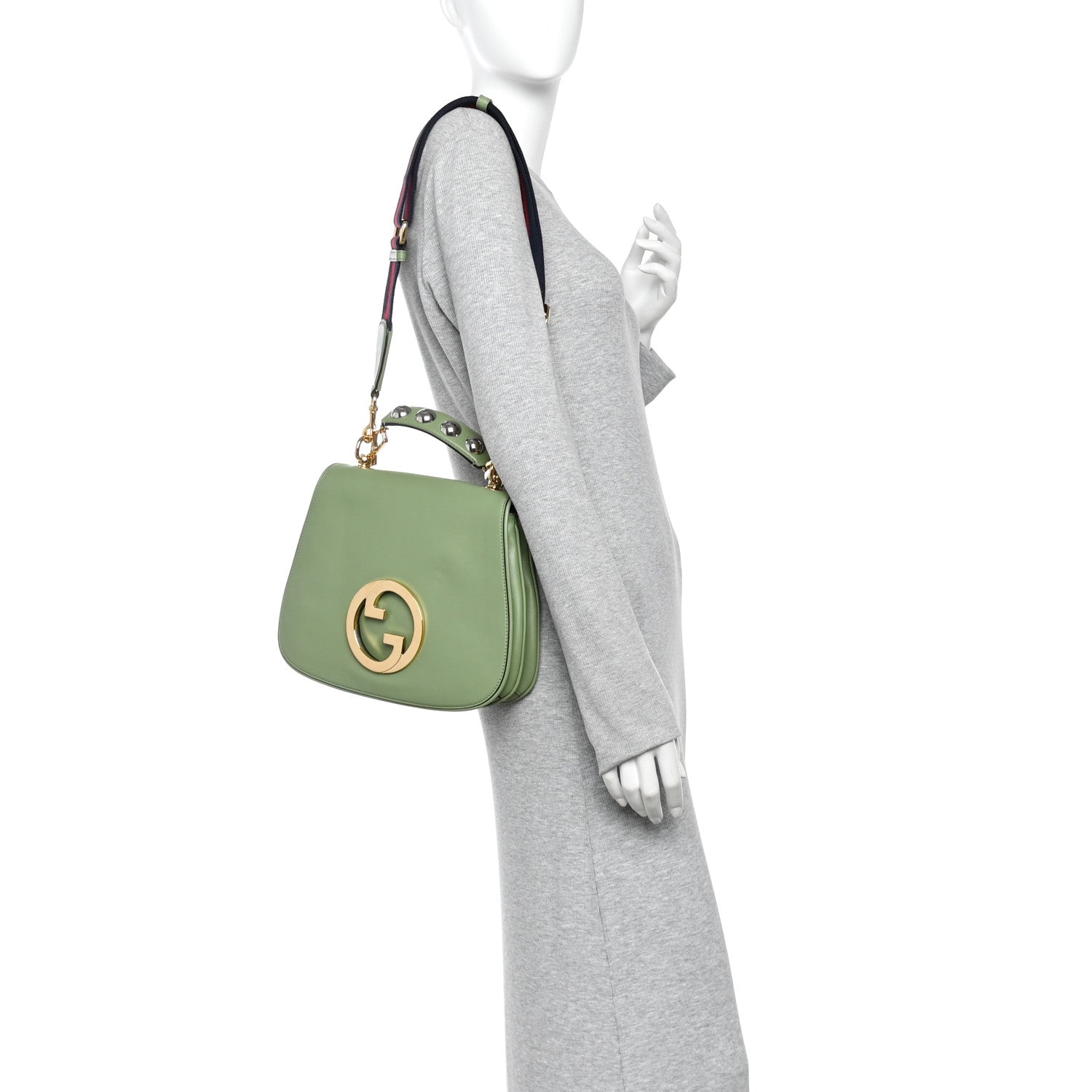 Gucci Roxy Calfskin Web Medium Blondie Top Handle Shoulder Flap Bag Salamander Green 2 of 10