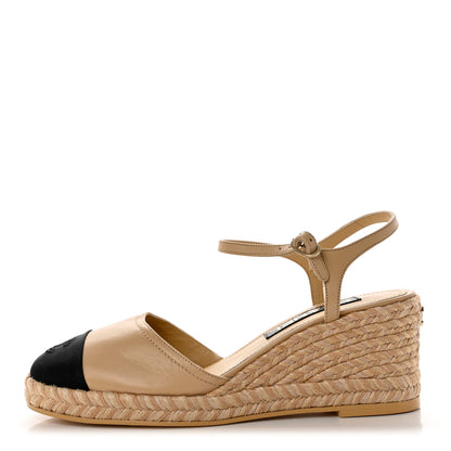 Chanel Lambskin Grosgrain CC Espadrilles Wedges 40 Beige Black 1 of 9