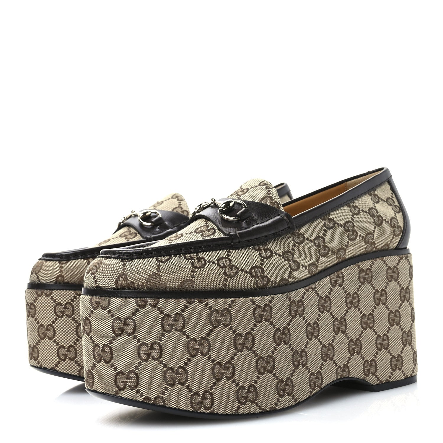 Gucci Monogram Horsebit Calfskin Womens Horsebit Wedge Platform Loafers 40 Beige Blue 4 of 9