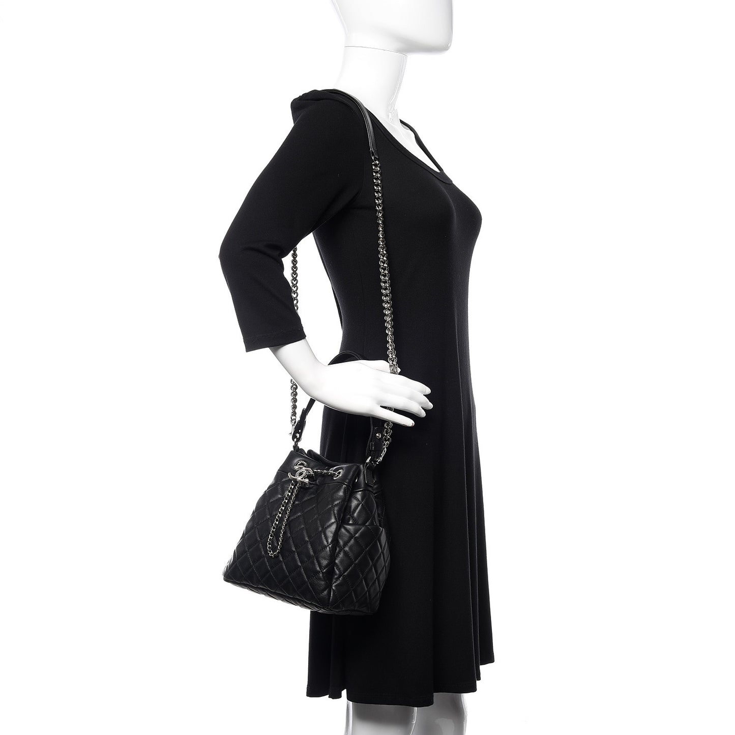 Lambskin Quilted CC Chain Drawstring Tote Black