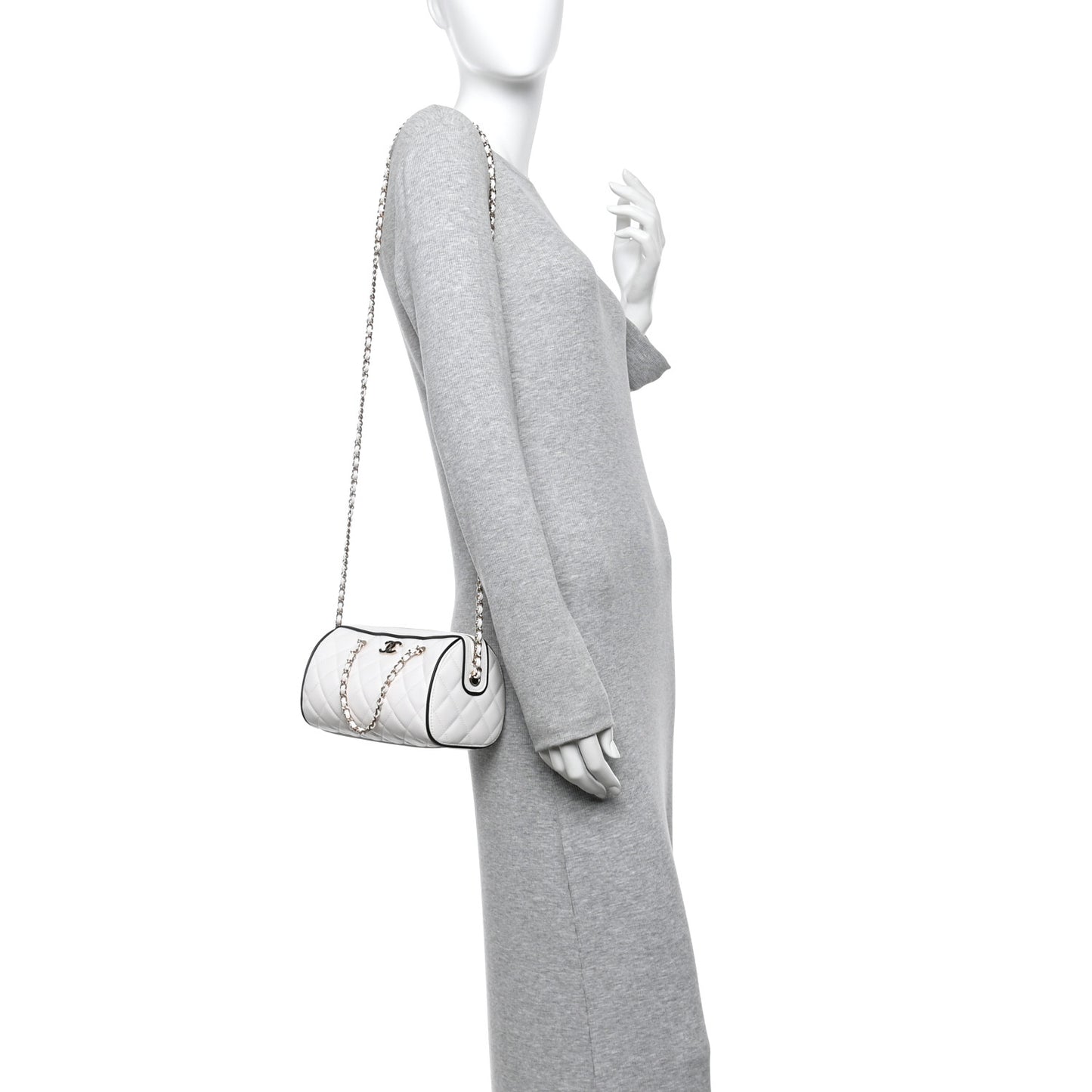 Lambskin Quilted Barrel Clutch With Chain White