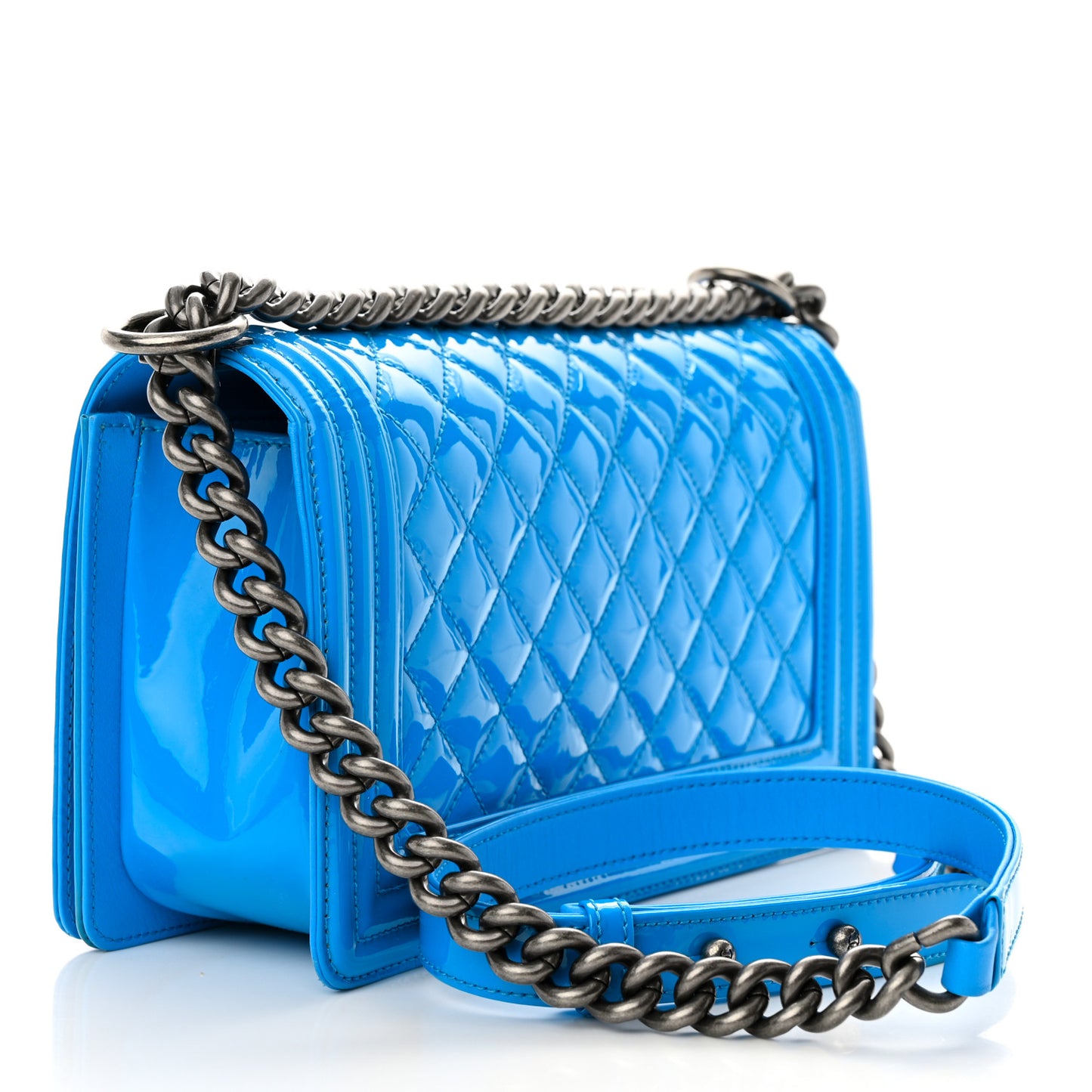 Patent Calfskin Quilted Medium Boy Flap Blue