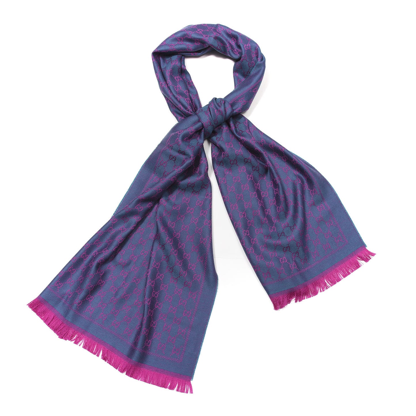 Wool GG Monogram Reversible New Sten Fringe Scarf Petroleum Blue Pink