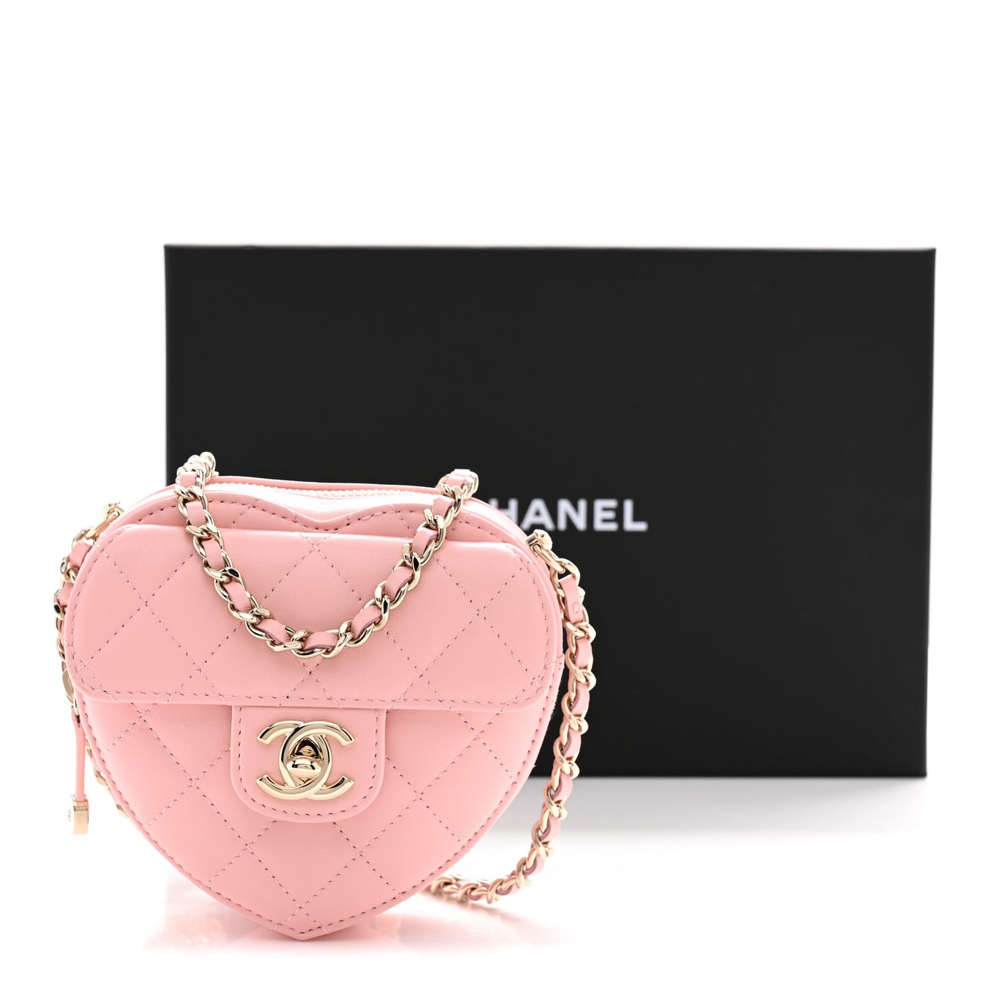 Lambskin Quilted CC In Love Heart Clutch With Chain Light Pink