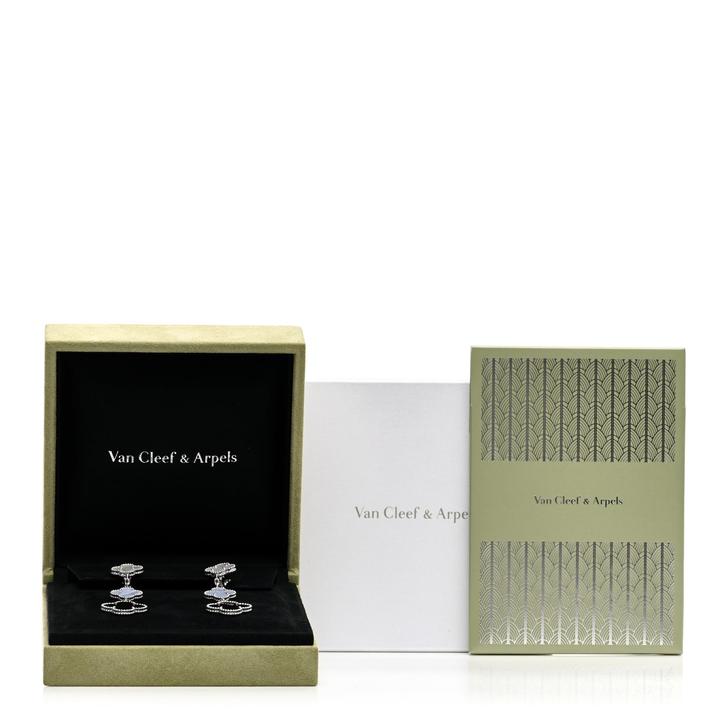 18K White Gold Mother of Pearl Chalcedony 3 Motifs Magic Alhambra Earrings